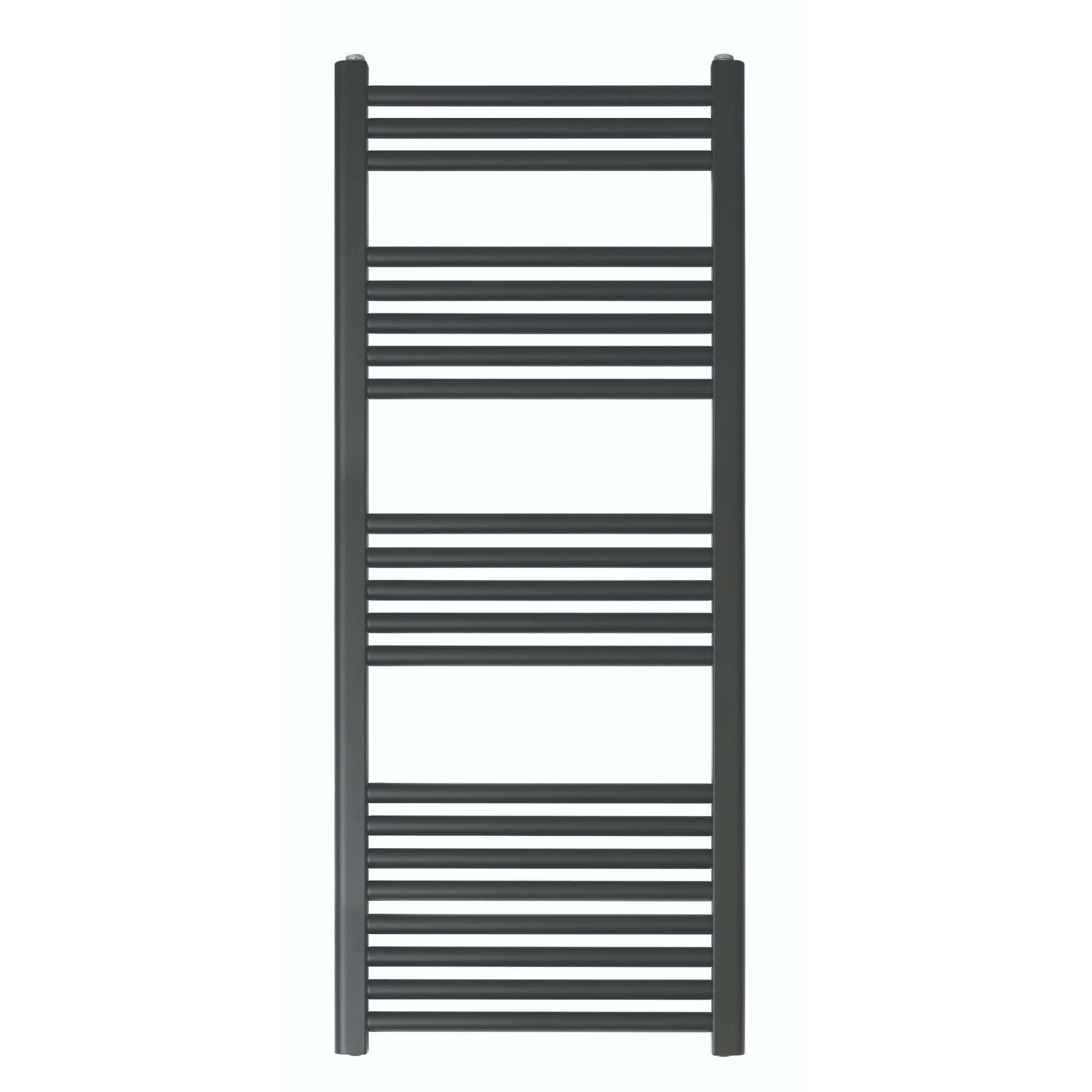 Design of a modern black heated towel rail radiator for bathroom heating and towel drying, ideal for contemporary bathroom decor.
