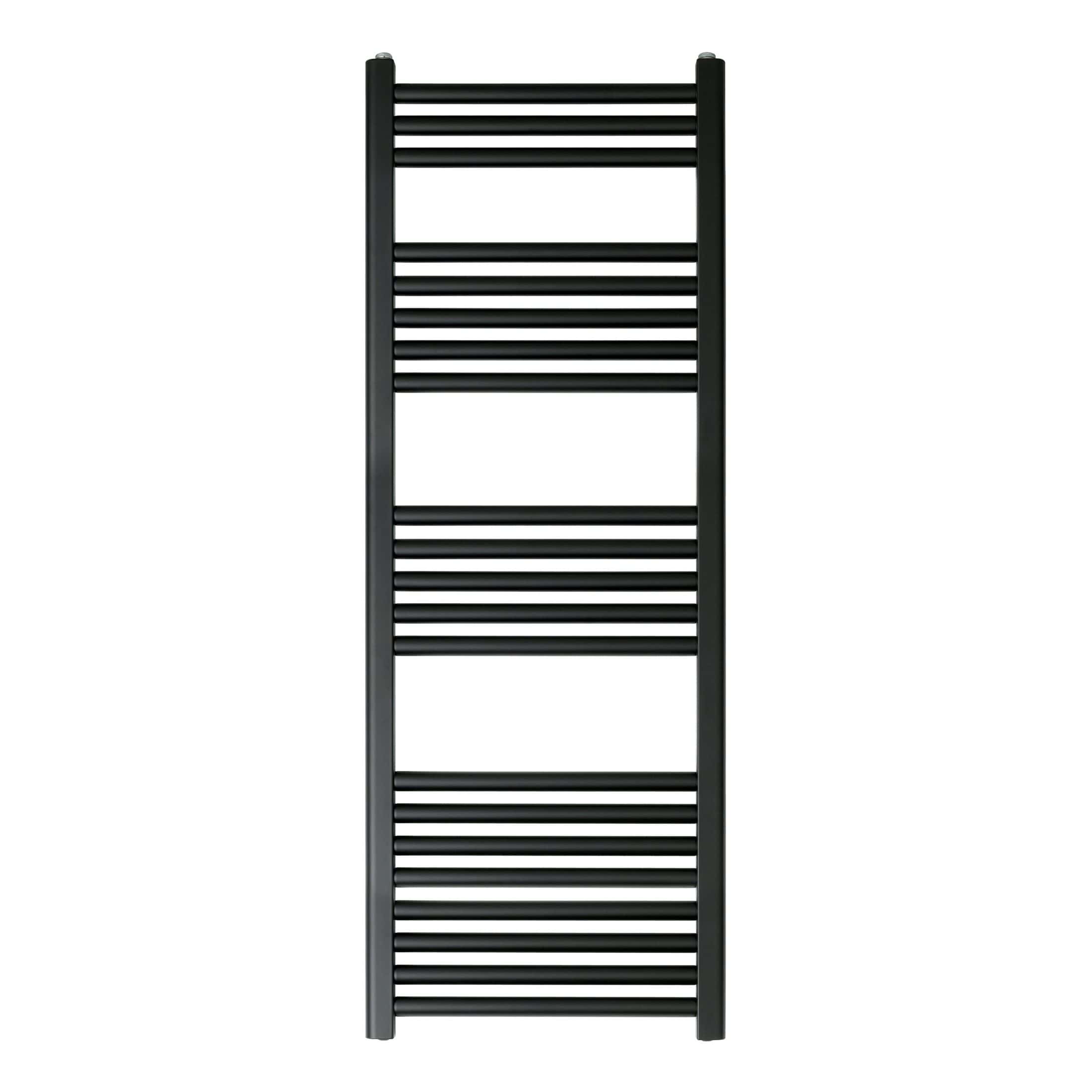 Elegant black heated towel rail for modern bathrooms, offering stylish warmth and comfort. Perfect for towels and enhancing bathroom decor, this high-quality radiator combines functionality with sleek design.