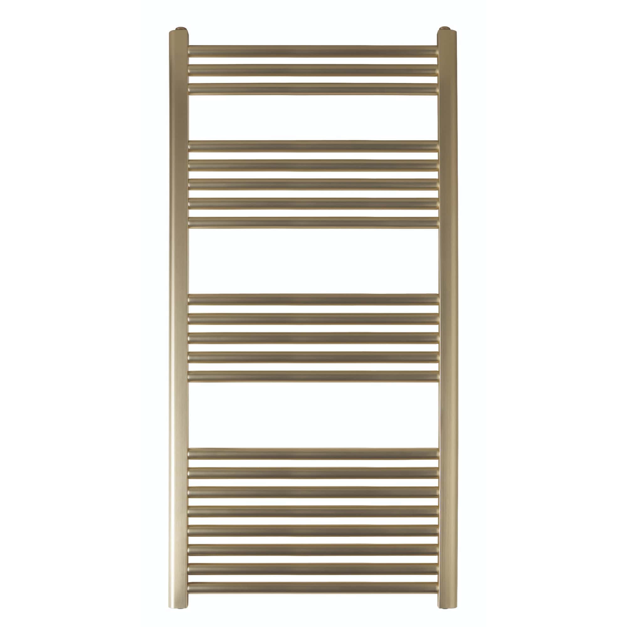 Elegant heated towel rail in brushed nickel finish, ideal for modern bathrooms, providing functional towel drying and heating solution. Perfect for enhancing bathroom style and comfort.
