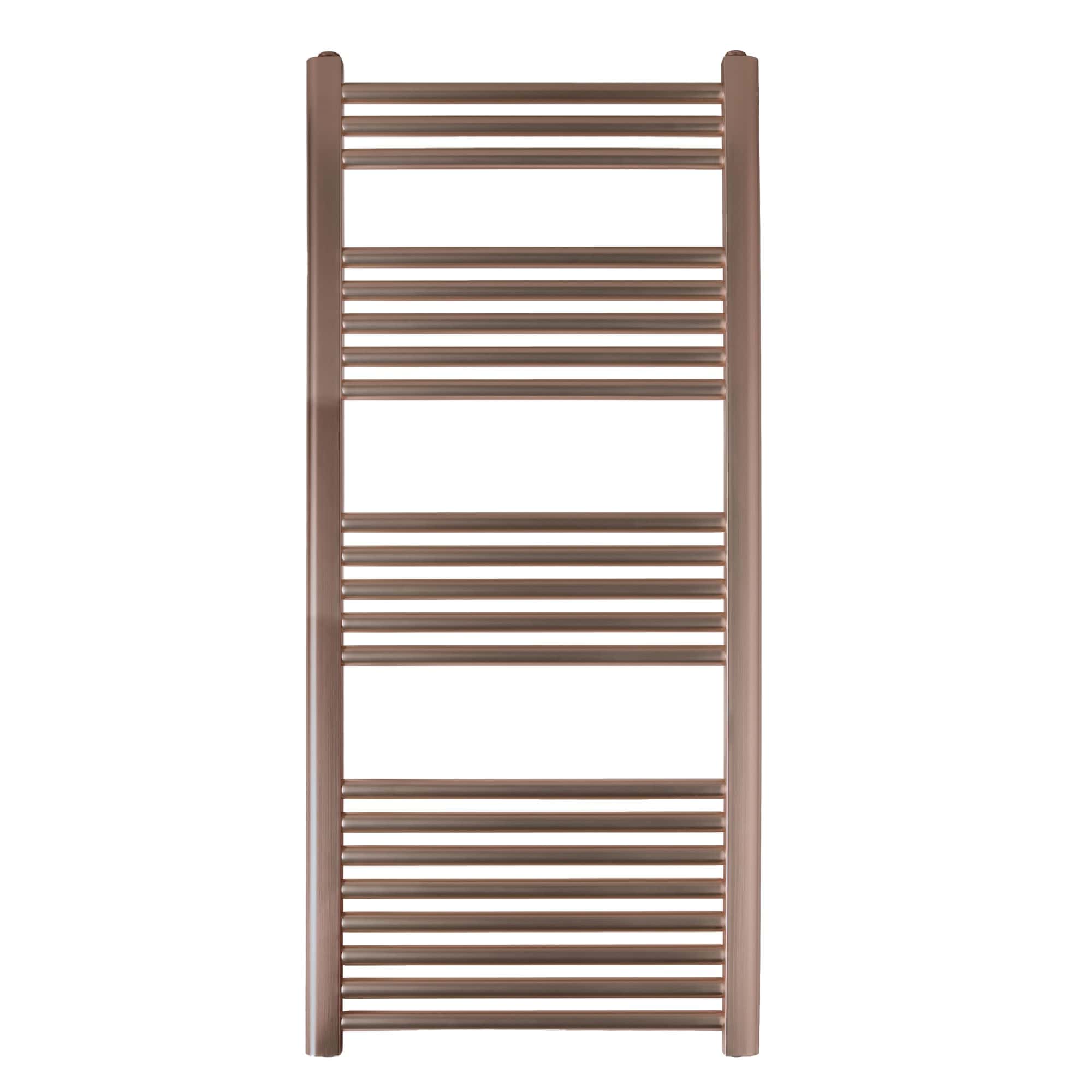 Polished bronze heated towel radiator with multiple horizontal bars for drying and warming towels, perfect for modern bathrooms.