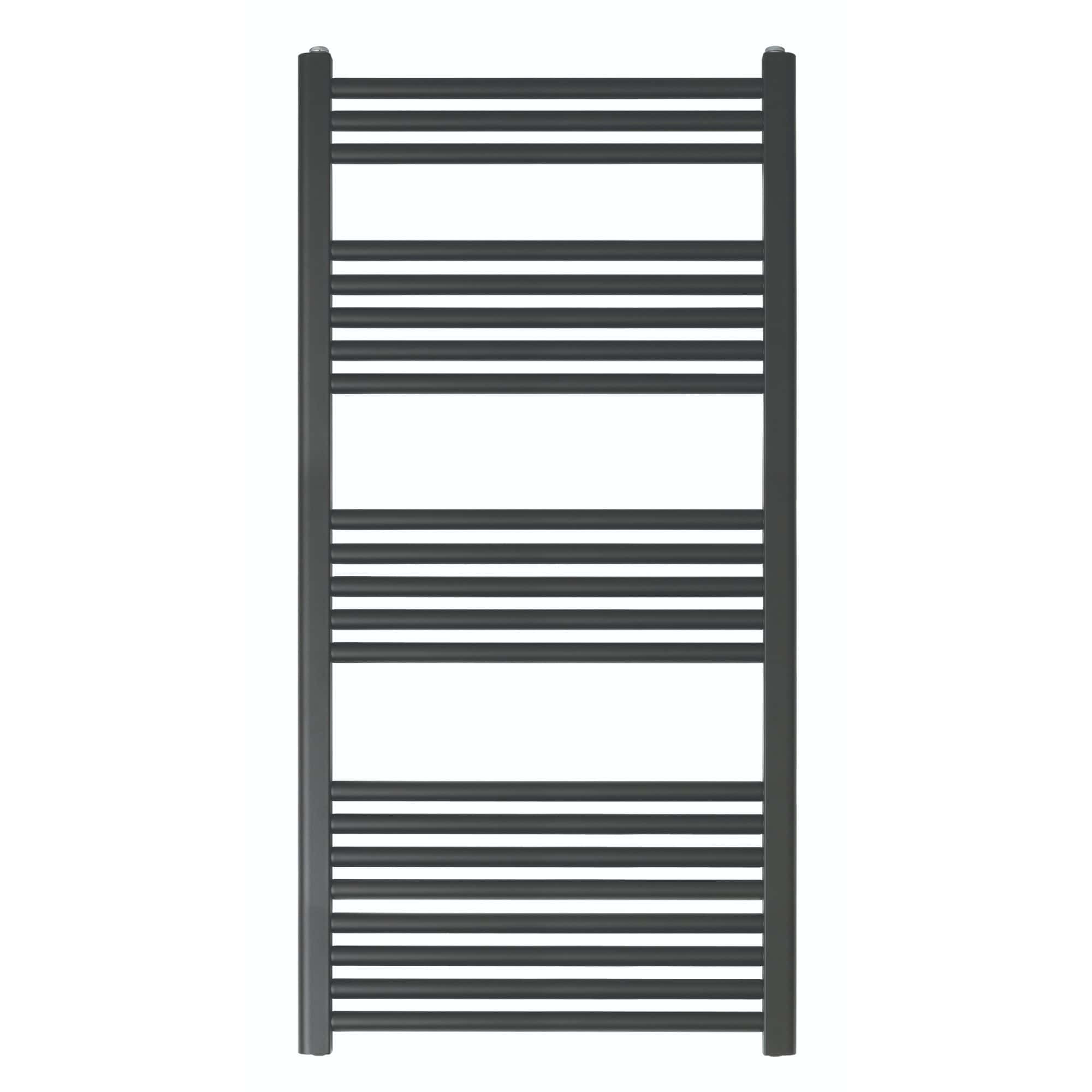 Black heated towel rail for bathrooms, stylish and functional radiator by Bubly Bathrooms. Perfect for modern bathroom decor and towels drying. Durable, space-saving design.