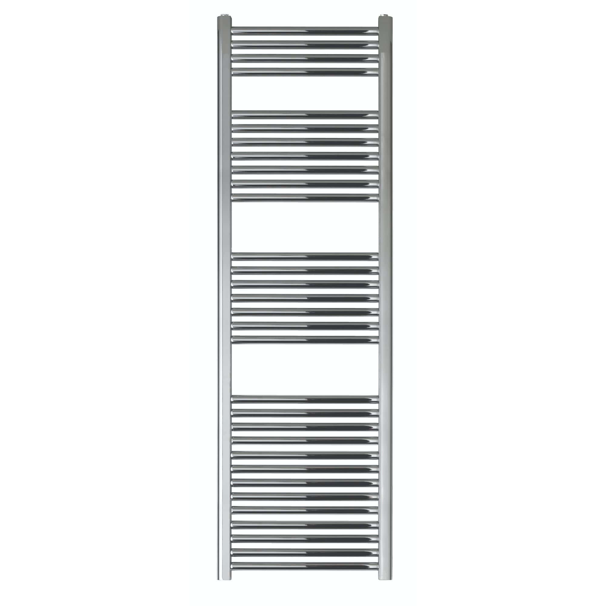 Polished chrome towel radiator for modern bathrooms, offering efficient heating and towel drying with sleek, contemporary design.