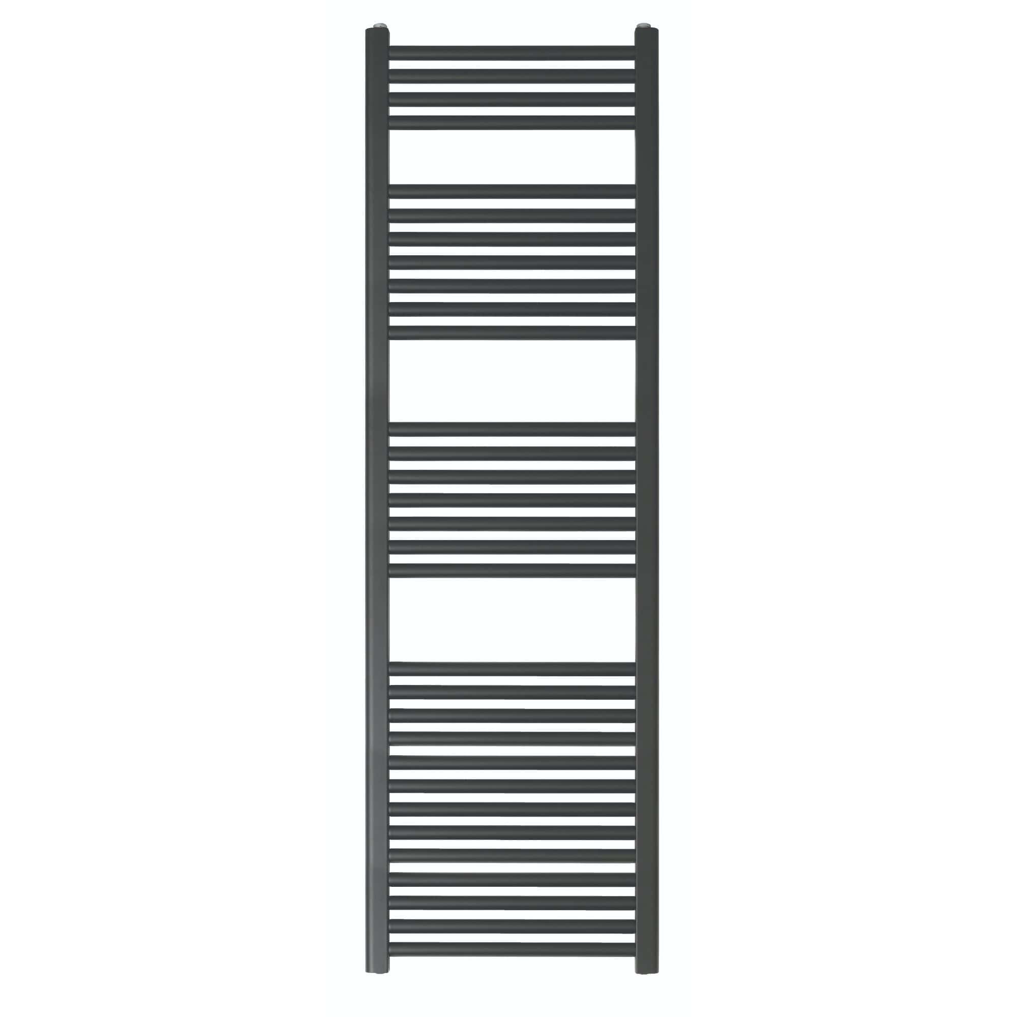 Modern black heated towel rail, ideal for bathroom heating and towel drying, featuring horizontal bars mounted on vertical supports, perfect for contemporary Bubly Bathrooms designs.