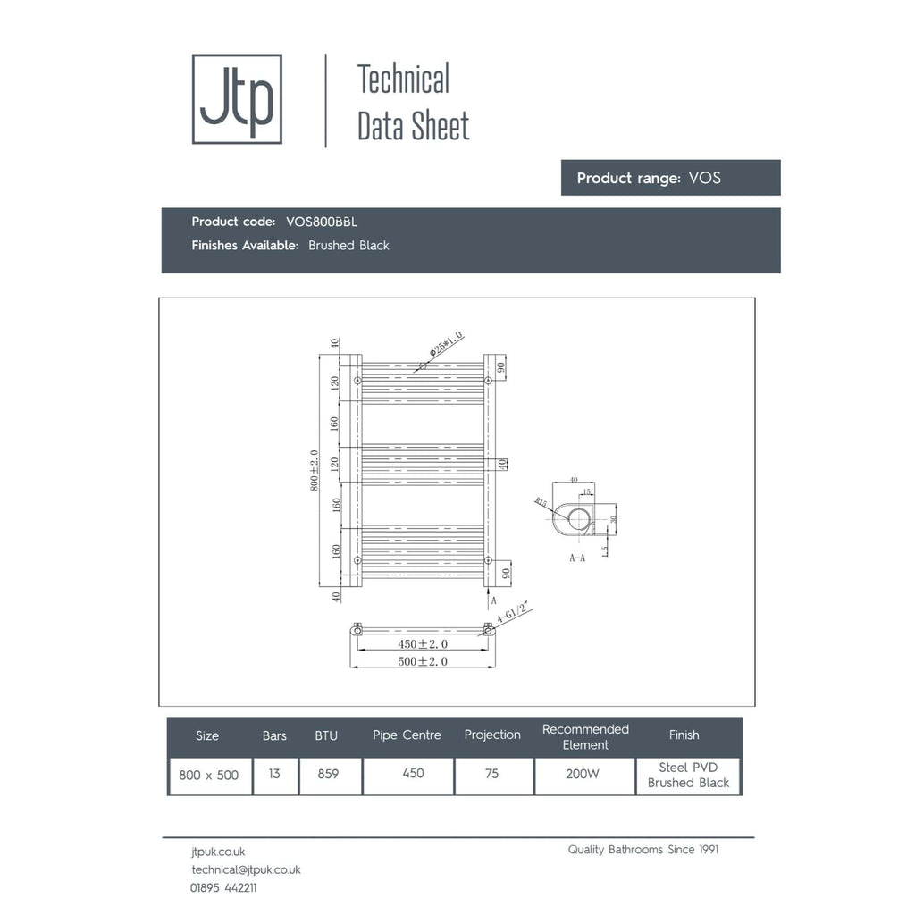 Light grey and black modern bathroom radiator with multiple horizontal bars, designed for heating and towel drying, featuring technical specifications for installation.