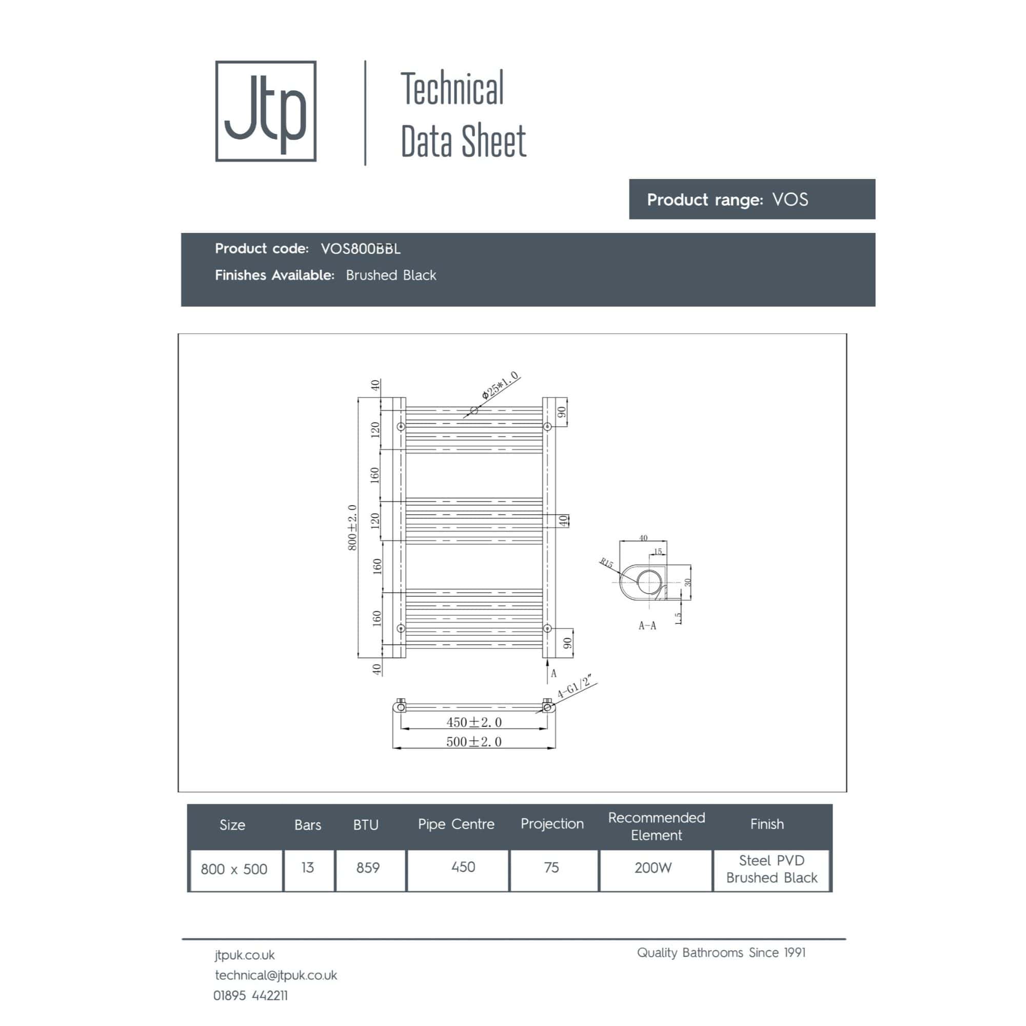 Light grey and black modern bathroom radiator with multiple horizontal bars, designed for heating and towel drying, featuring technical specifications for installation.