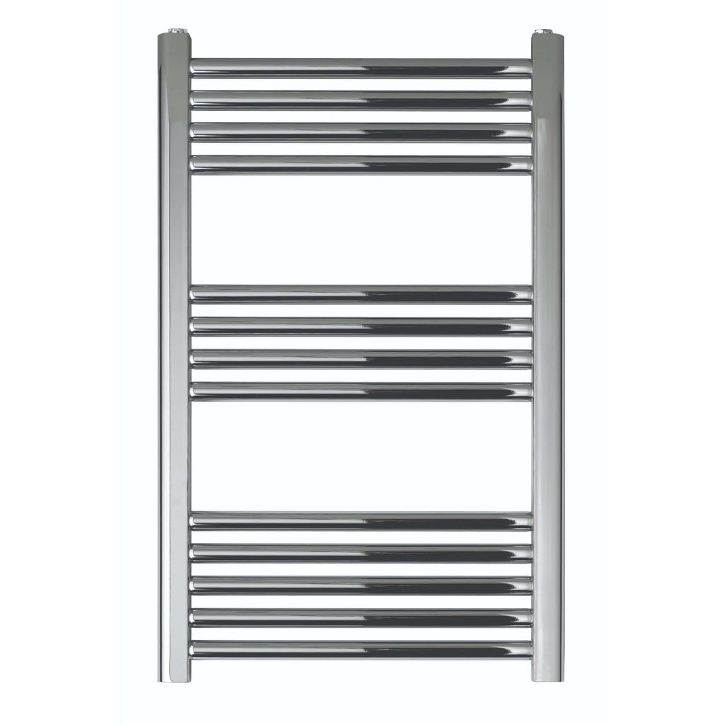 Polished chrome bathroom towel radiator with horizontal bars, ideal for modern heated towel rails in bathrooms. Durable, stylish design perfect for towel drying and heating.
