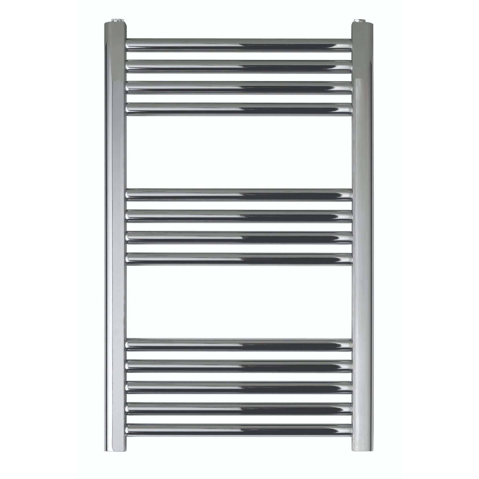 Polished chrome bathroom towel radiator with horizontal bars, ideal for modern heated towel rails in bathrooms. Durable, stylish design perfect for towel drying and heating.