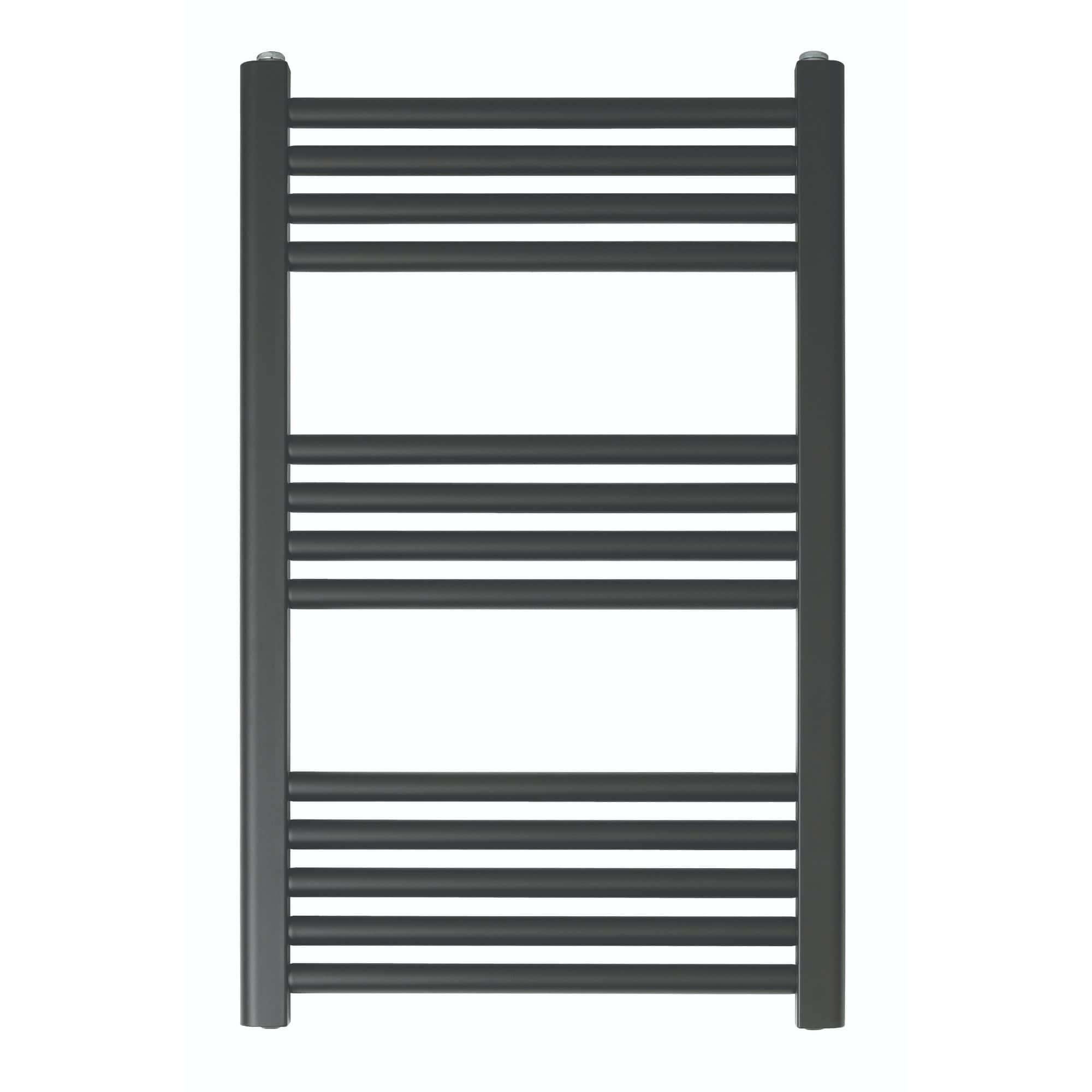 Black heated towel rail radiator for bathrooms, stylish and functional with horizontal bars, ideal for drying towels and adding modern design to bathroom decor.