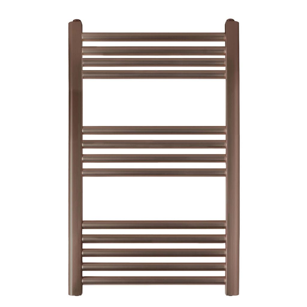 Chrome heated towel rail in warm bronze finish, perfect for modern bathrooms, offering efficient towel drying and heating. Stylish, durable, and easy to install, ideal for luxury bathroom decor.