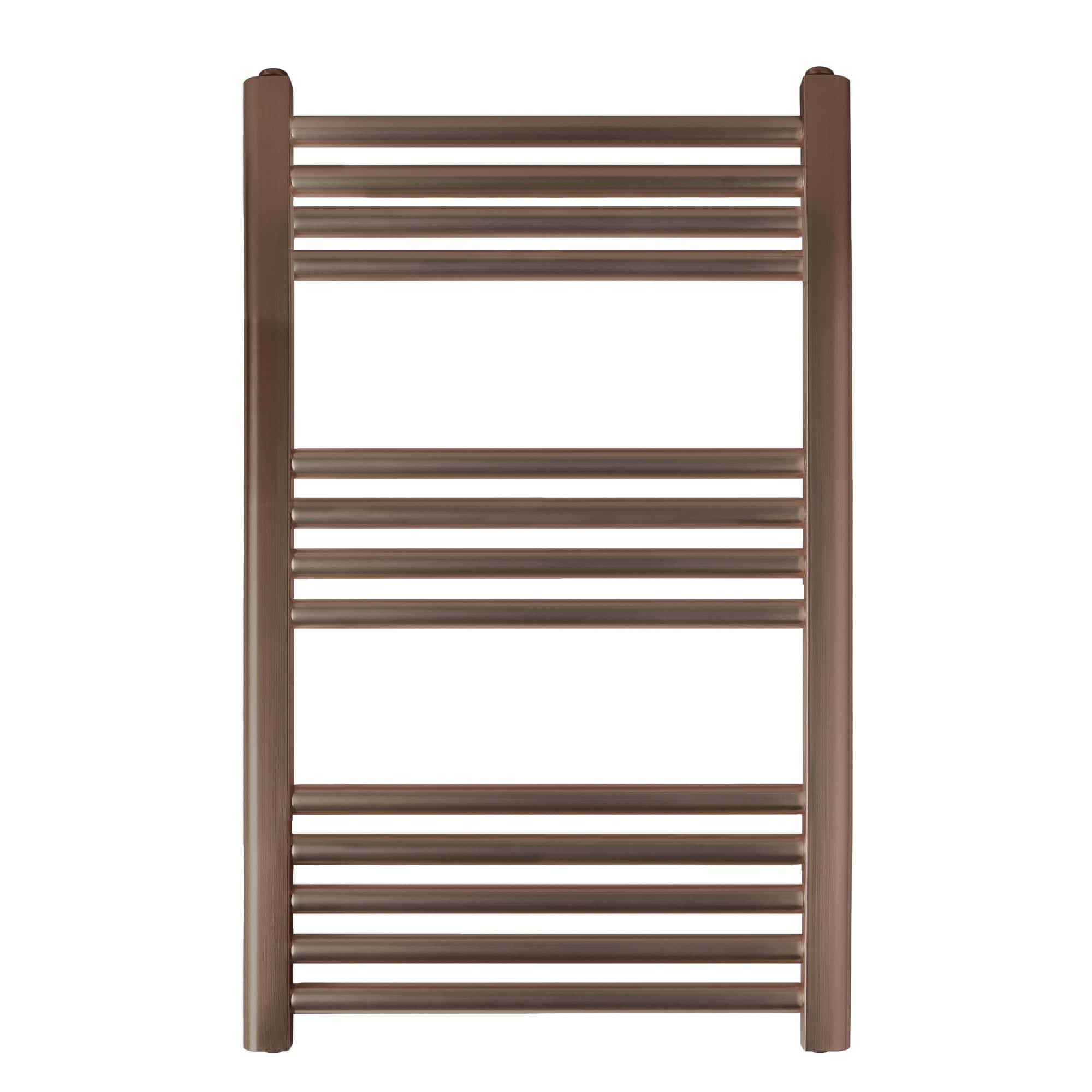 Chrome heated towel rail in warm bronze finish, perfect for modern bathrooms, offering efficient towel drying and heating. Stylish, durable, and easy to install, ideal for luxury bathroom decor.