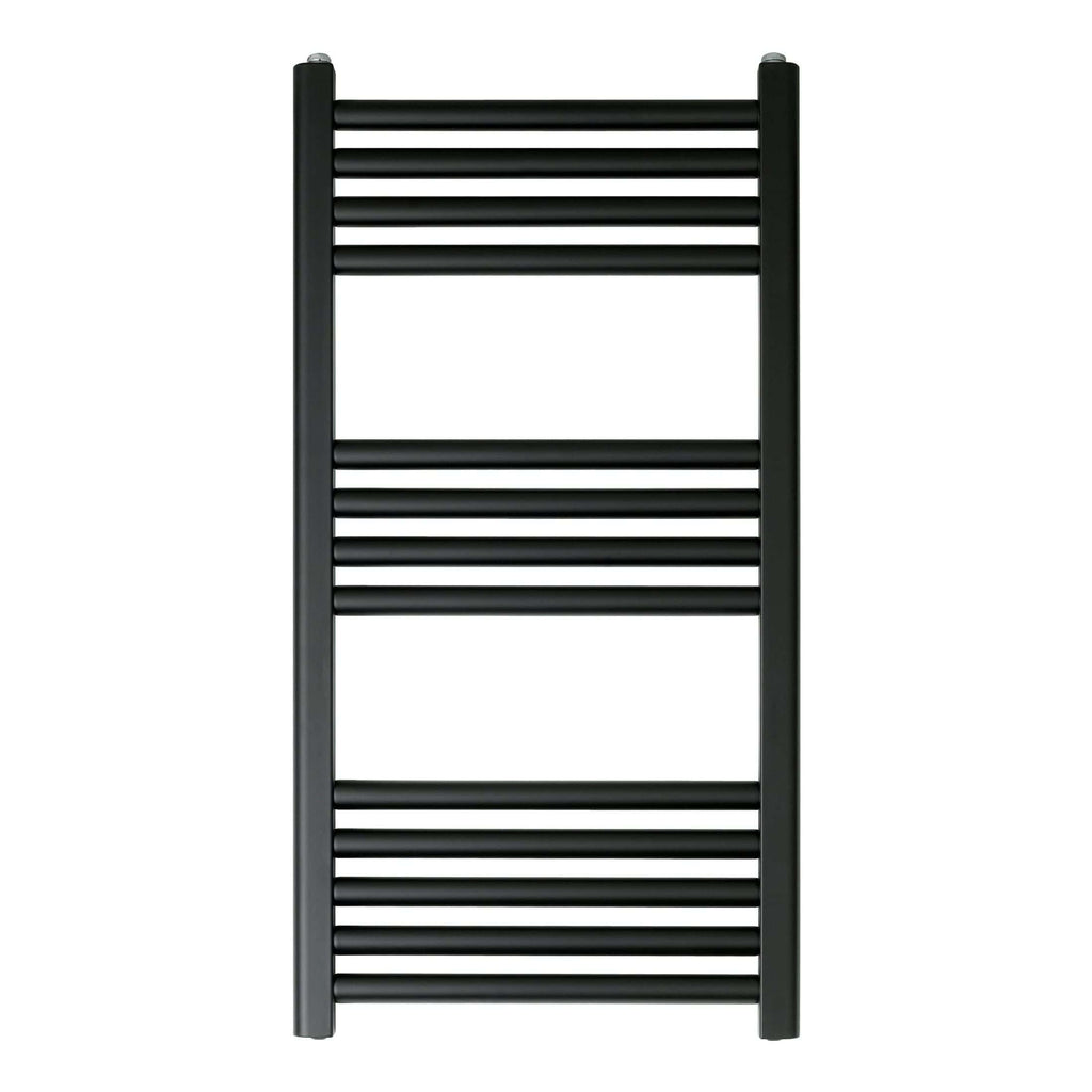 Modern black towel radiator for luxury bathroom heating and drying. Stylish and functional heated towel rail from Bubly Bathrooms, ideal for contemporary bathroom decor.