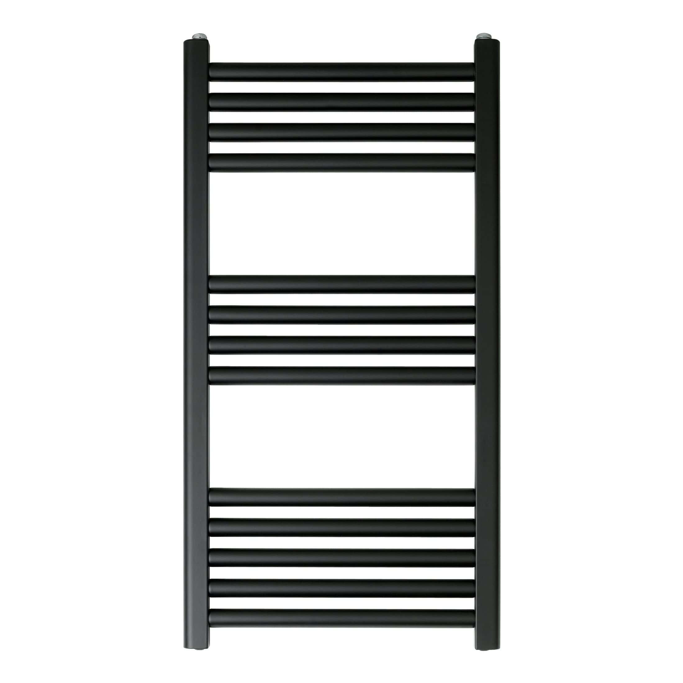 Modern black towel radiator for luxury bathroom heating and drying. Stylish and functional heated towel rail from Bubly Bathrooms, ideal for contemporary bathroom decor.