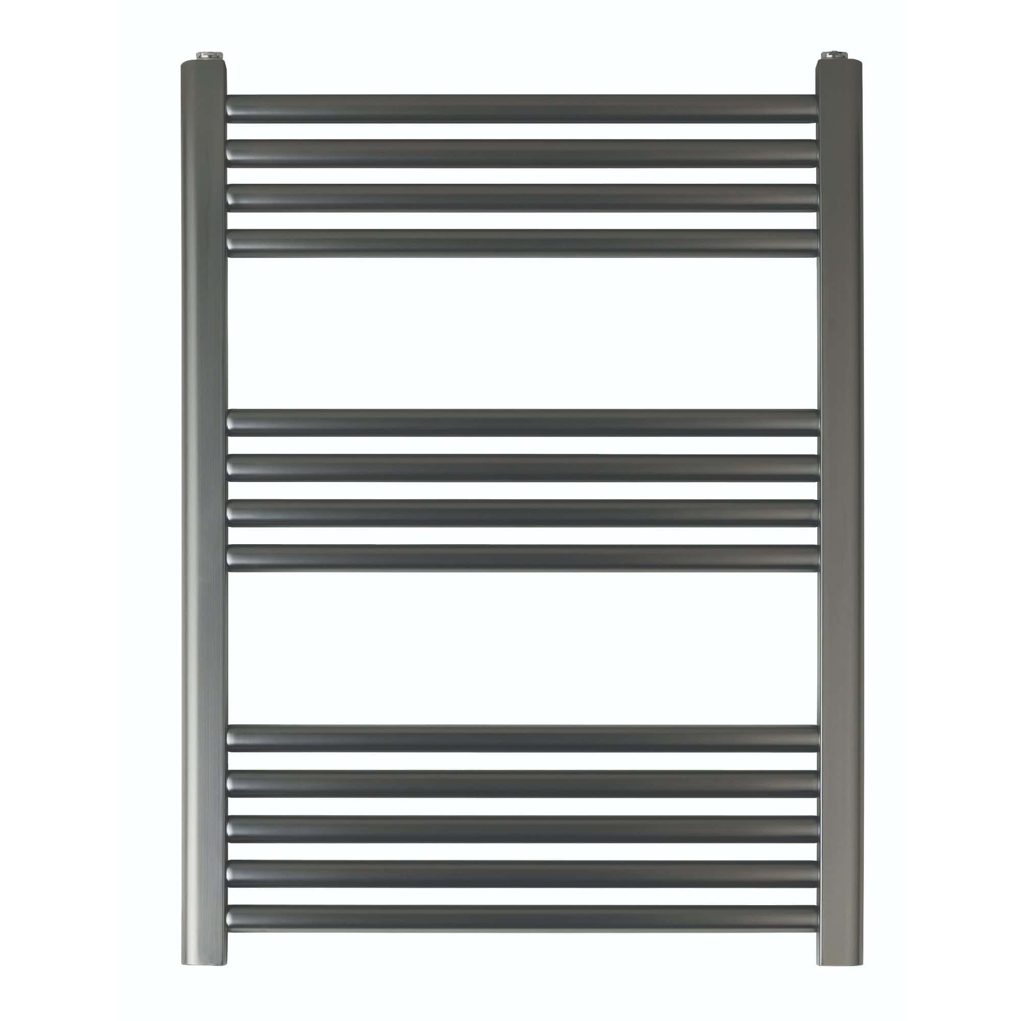Contemporary heated towel rail in brushed steel, ideal for modern bathroom bathrooms and enhancing bathroom decor. Perfect for keeping towels warm and dry.