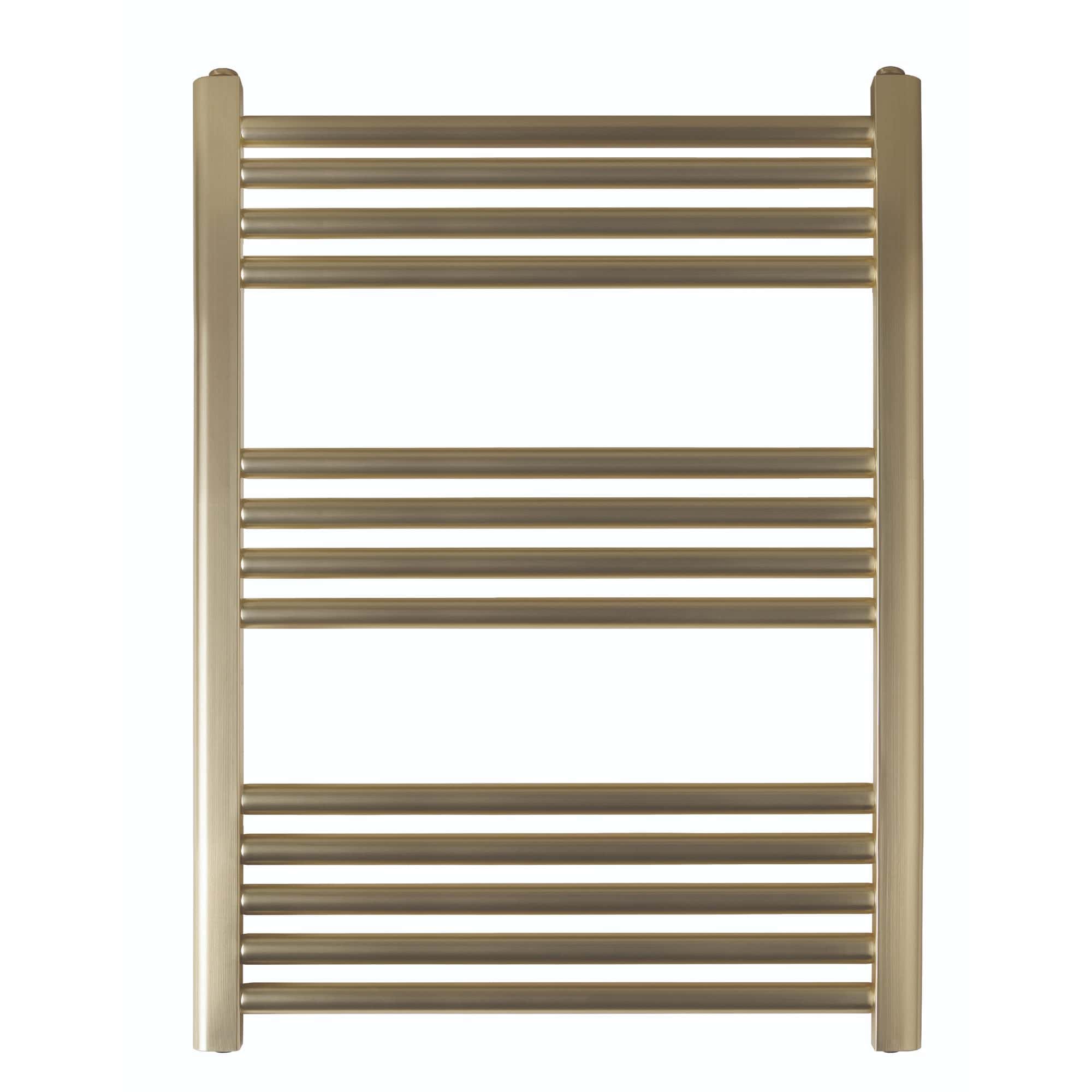 Polished gold towel radiator, modern heated towel rail for bathrooms, wall-mounted bathroom central heating radiator, luxury bathroom heating fixture, Bubly Bathrooms.