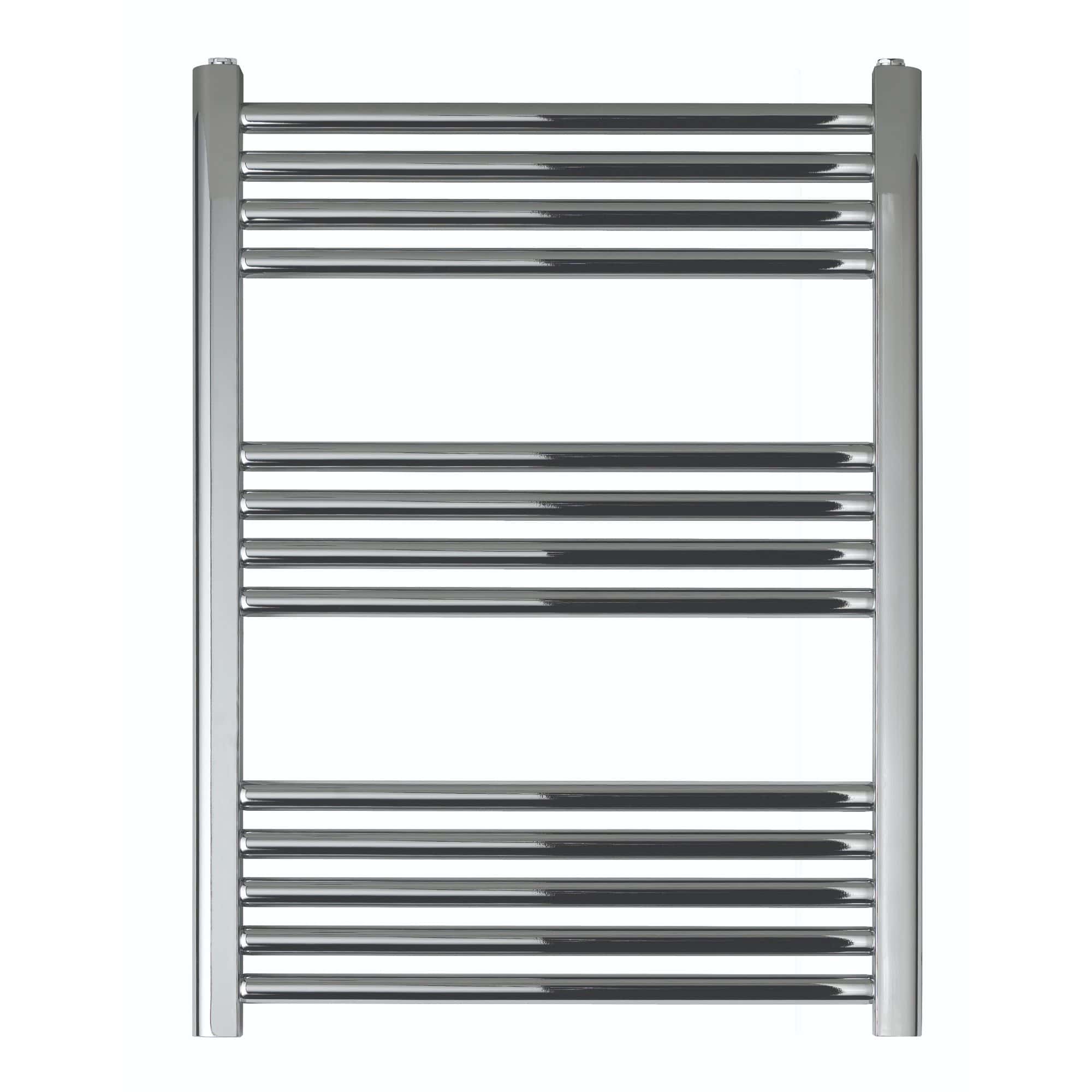 Shower radiator towel rail in chrome finish, modern bathroom heating solution with multiple bars for towels and clothes drying, ideal for luxury bathroom decor.