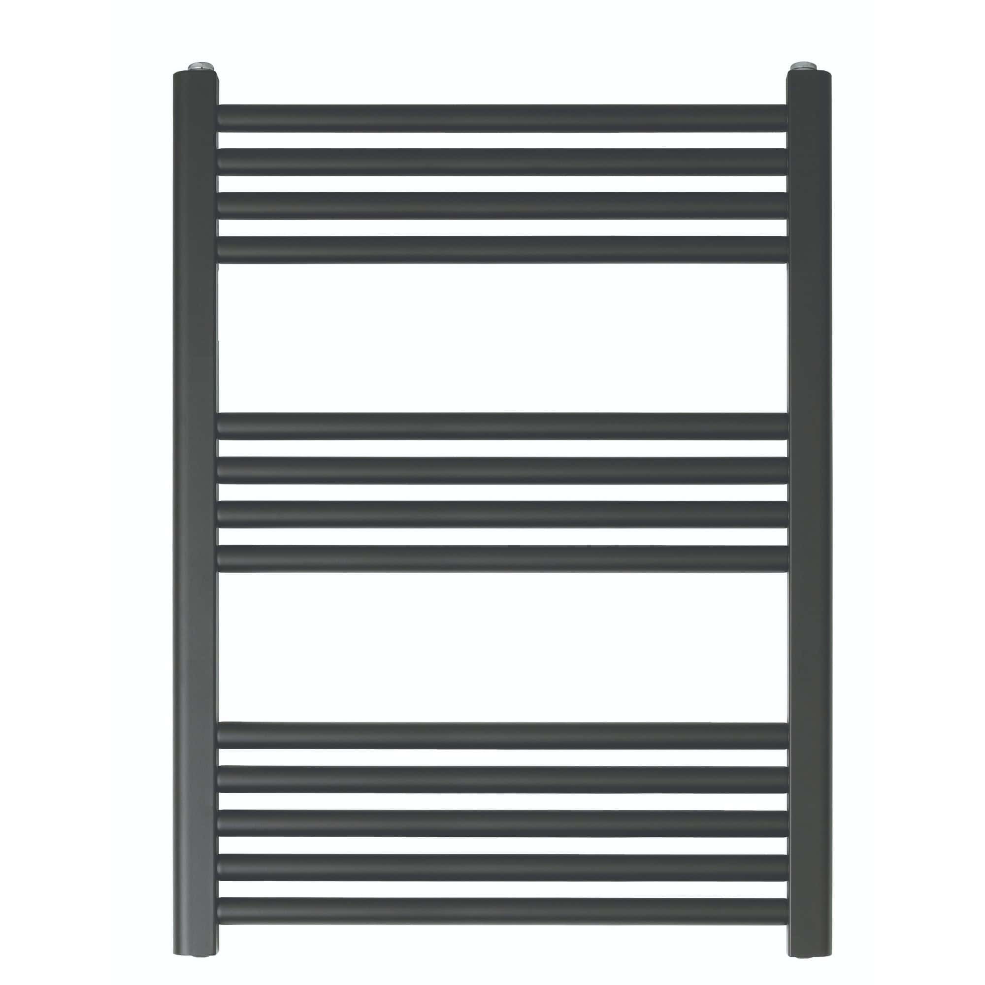Black heated towel rail for bathroom heating and towel drying, modern design, slim profile.