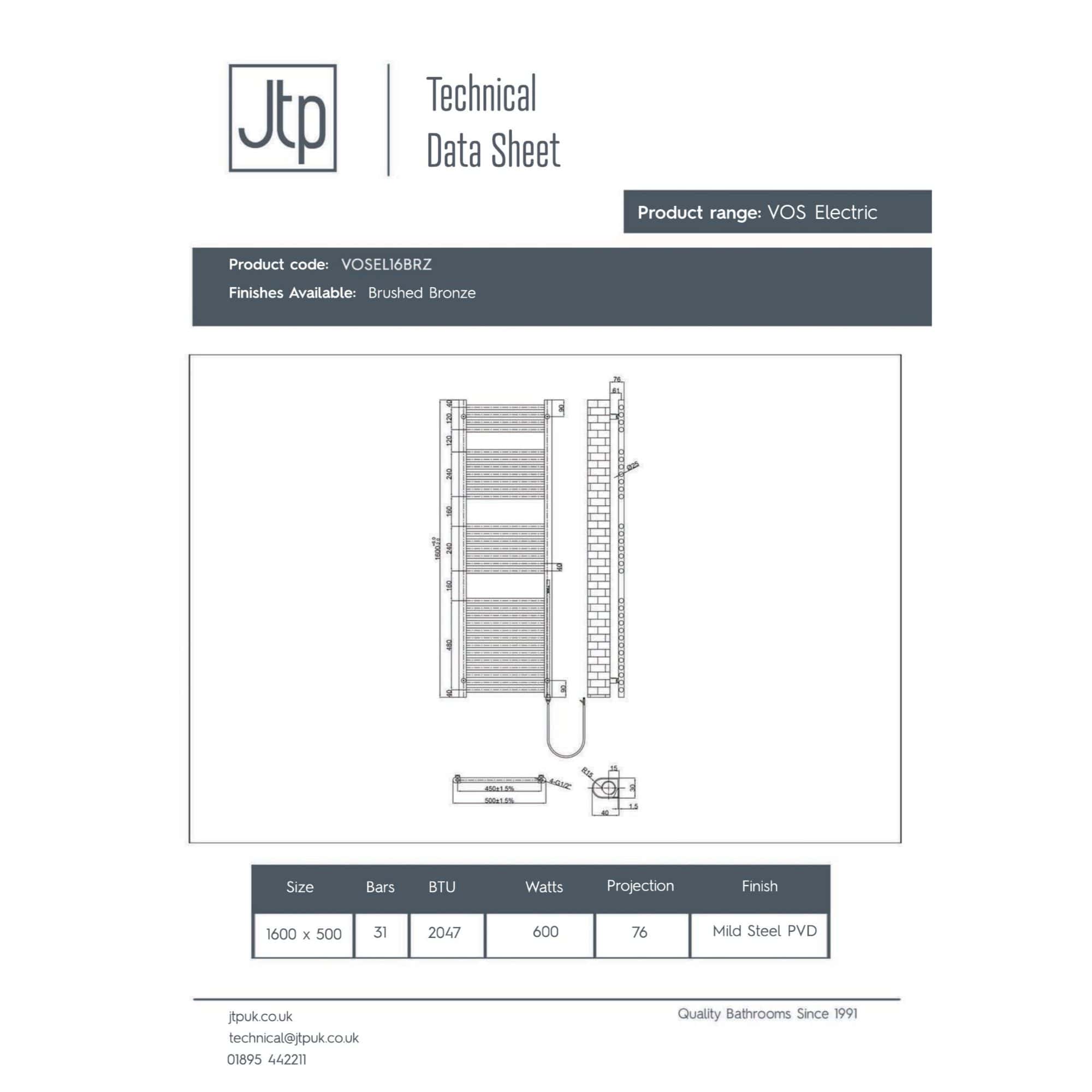 High-quality technical diagram of Bubly Bathrooms VOS Electric heater with detailed measurements and specifications in brushed bronze finish.