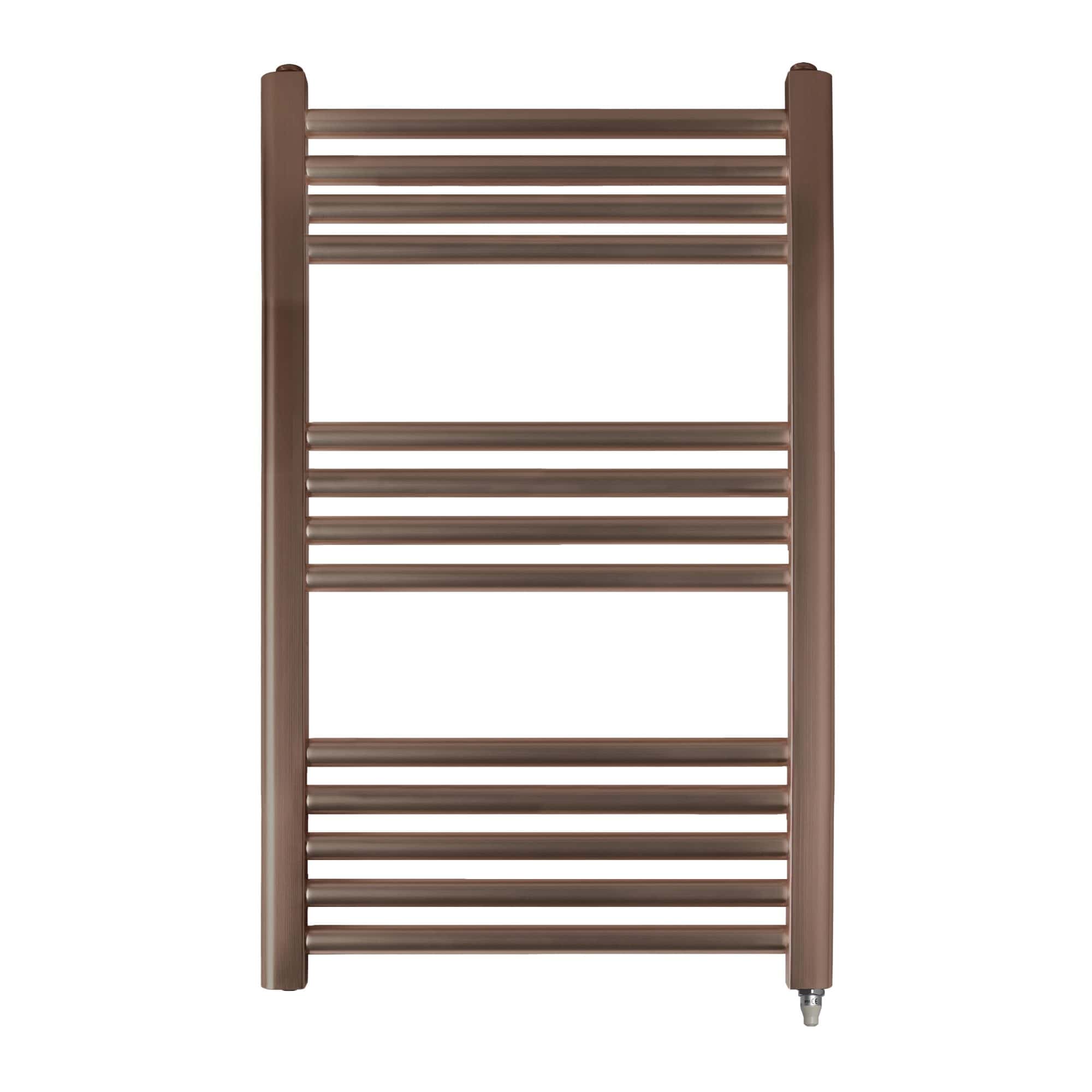 Bronze heated towel rail for bathrooms, modern design, wall-mounted electric radiator, energy-efficient, ideal for cosy bathroom warmth and towel drying, from Bubly Bathrooms.