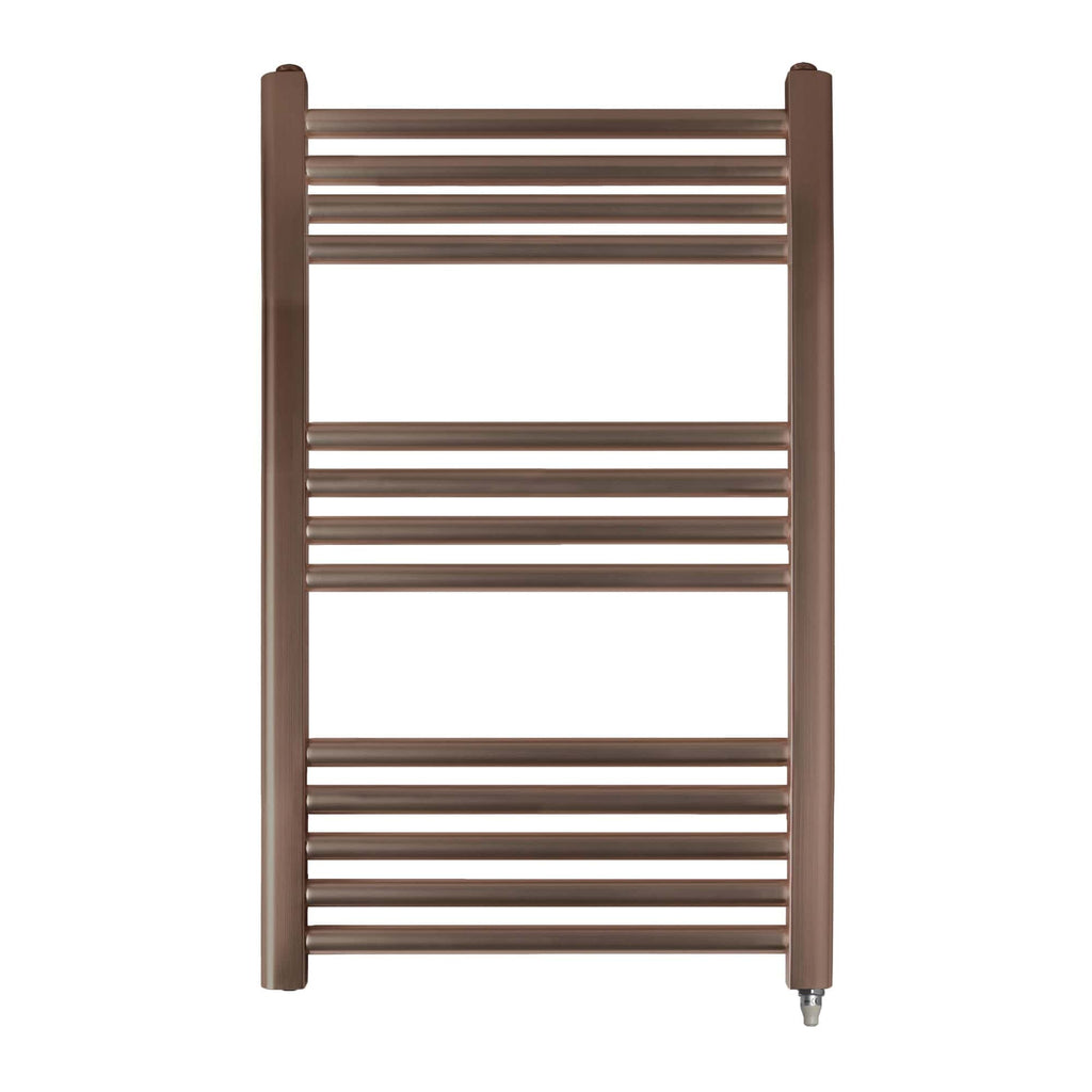 Bronze heated towel rail for bathrooms, modern design, wall-mounted electric radiator, energy-efficient, ideal for cosy bathroom warmth and towel drying, from Bubly Bathrooms.
