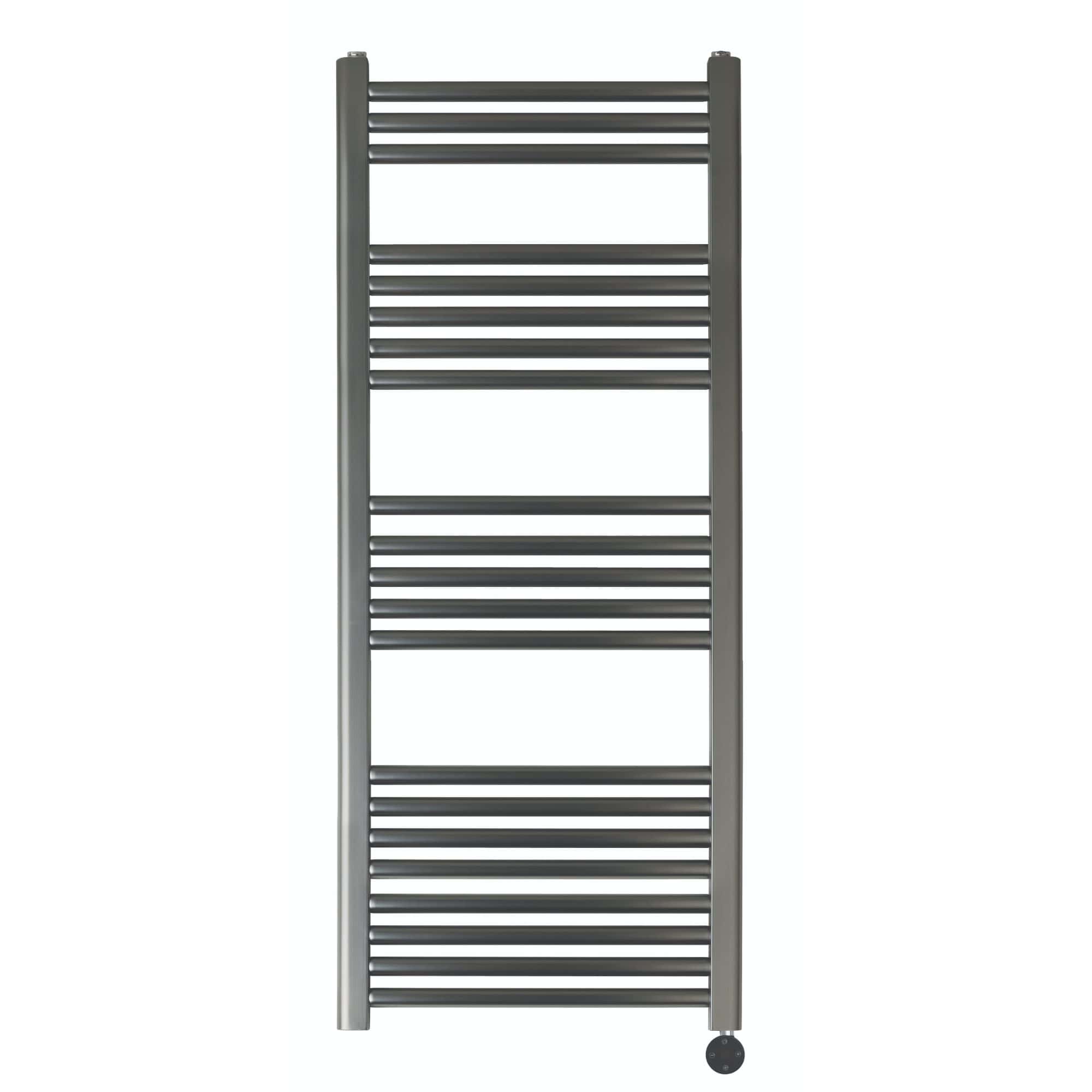 Sleek modern heated towel radiator in silver finish, perfect for contemporary bathroom decor and efficient towel drying.
