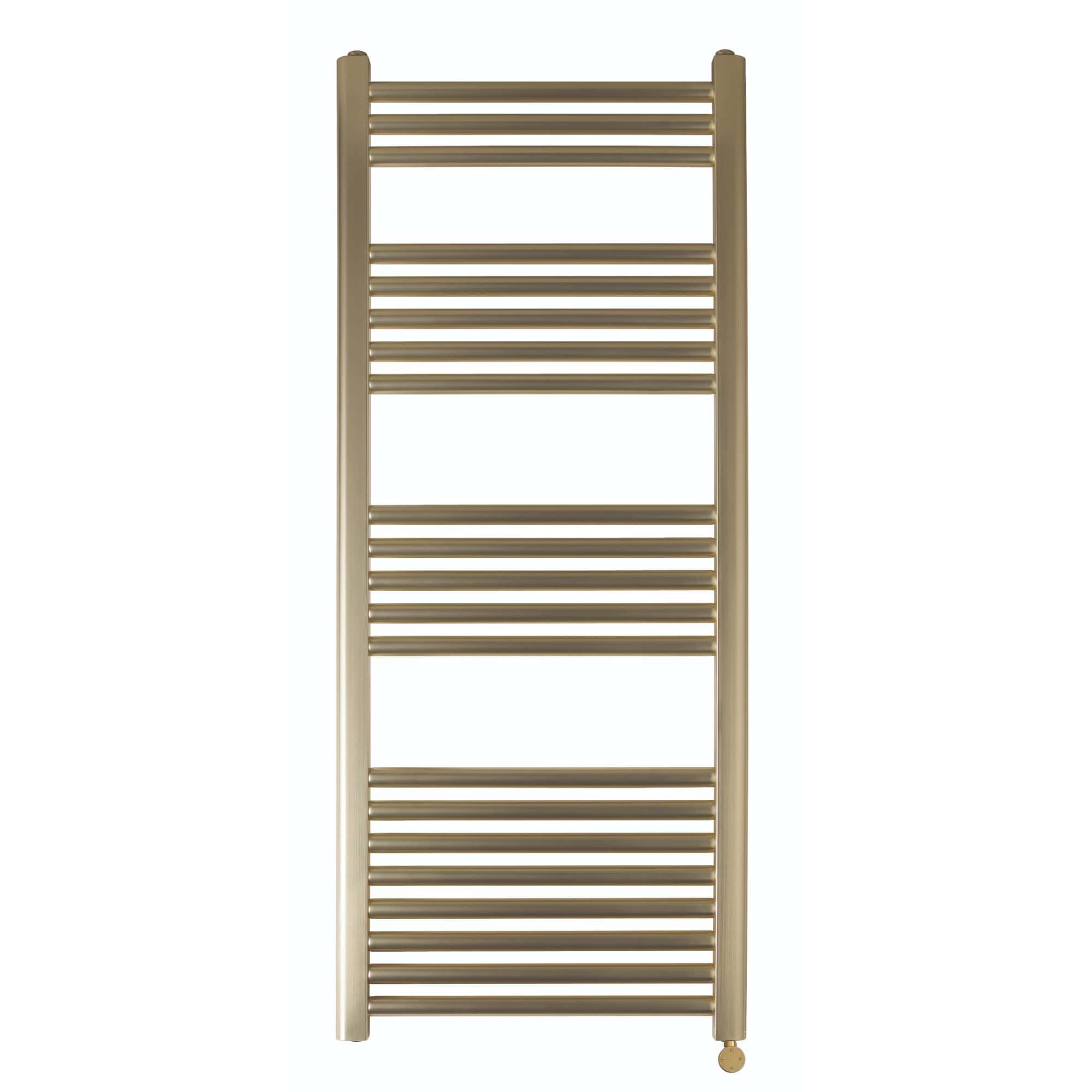 Slender beige towel radiator for bathroom heating and drying laundry | Bubly Bathrooms.