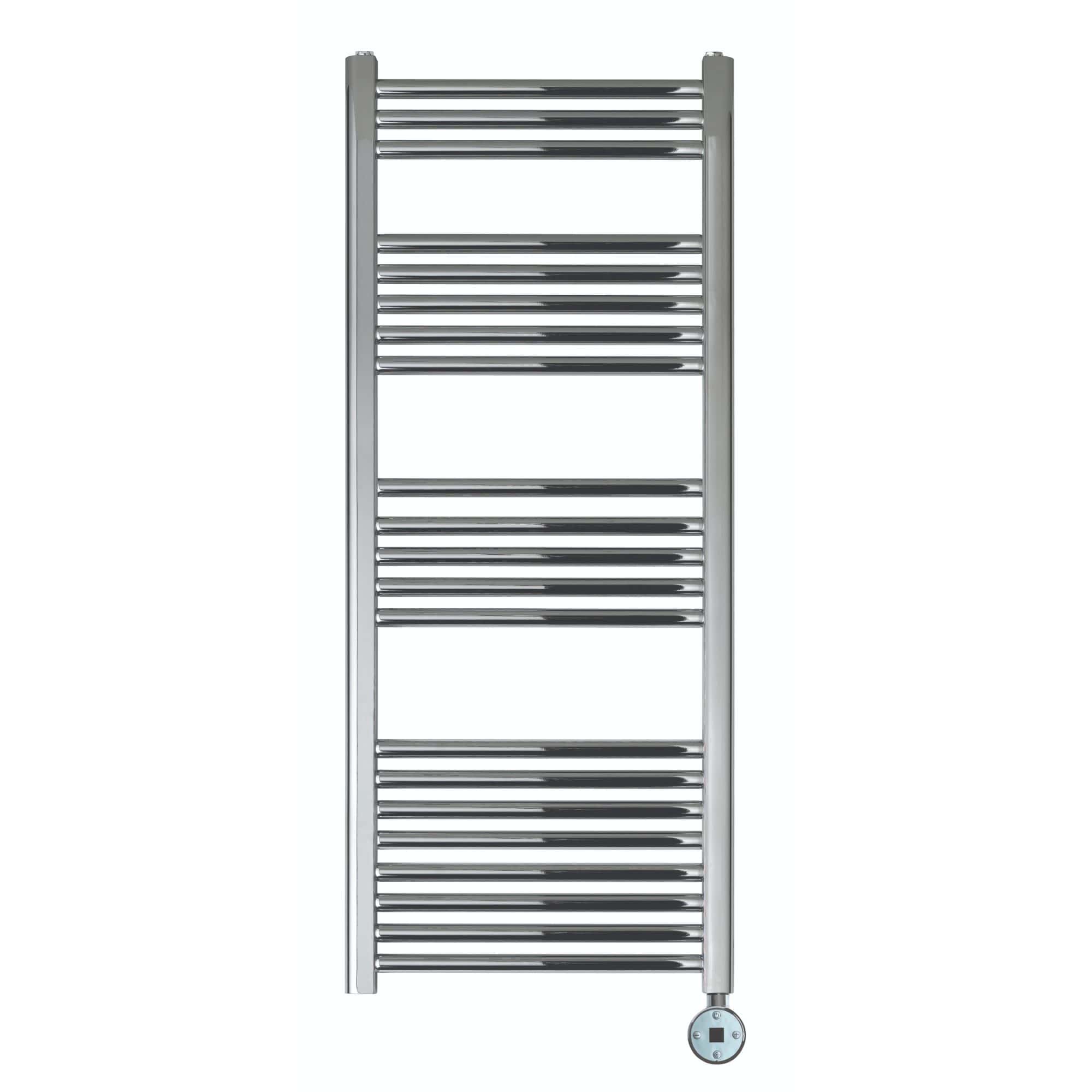 Shiny chrome heated towel rail from Bubly Bathrooms, perfect for modern bathrooms, providing warmth and drying space for towels. Easy to install and designed for style and functionality.