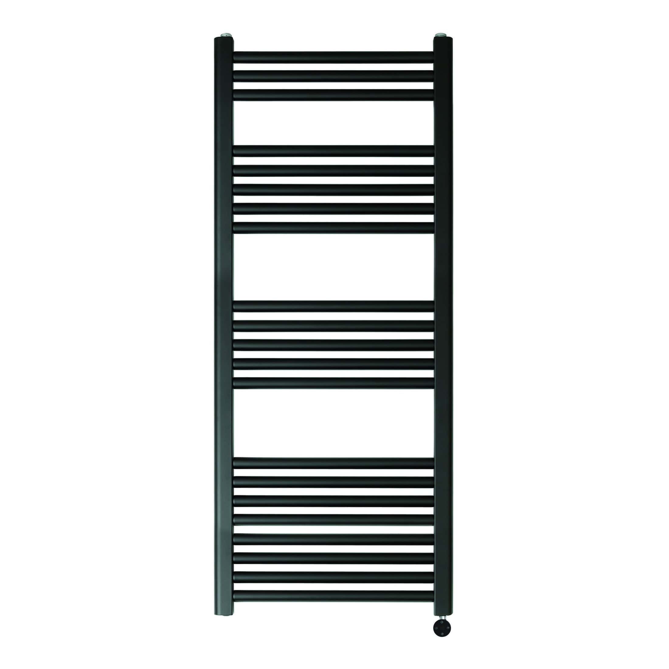Black heated towel rail radiator for bathrooms and spas, modern design with horizontal bars, ideal for drying and warming towels, available from Bubly Bathrooms UK.