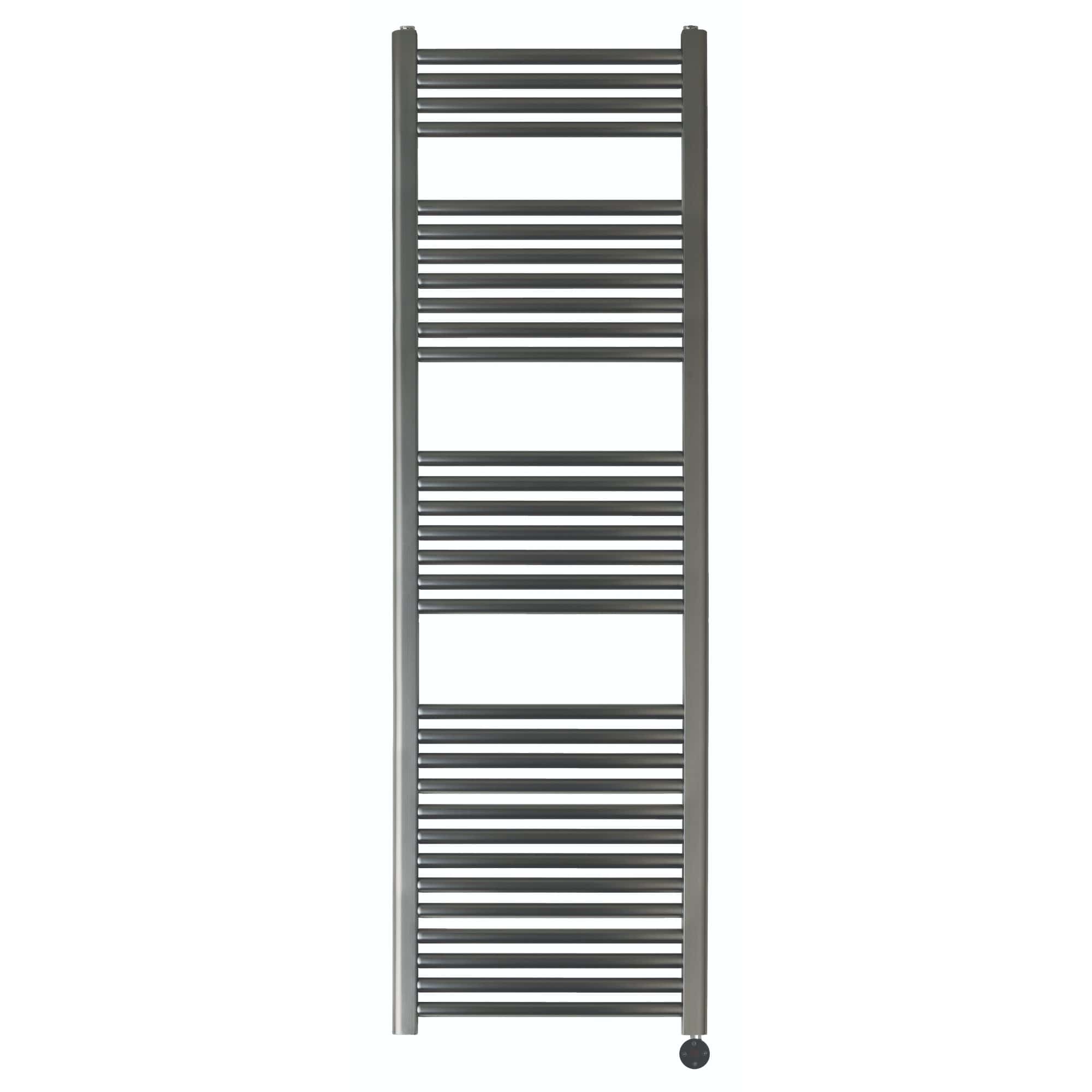 Elegant modern towel radiator in grey finish, ideal for bathroom heating and drying towels, offering a sleek and functional design for Bubly Bathrooms.