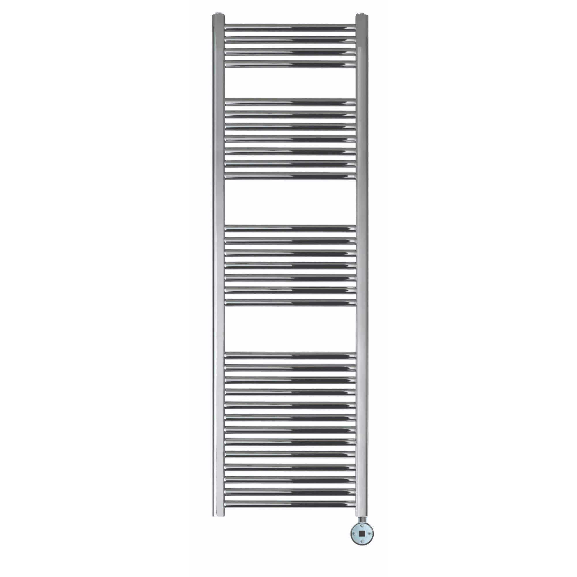 Polished chrome vertical heated towel radiator, ideal for modern bathrooms by Bubly Bathrooms. Enhance your bathroom heating and towel drying with this stylish, energy-efficient towel rail.