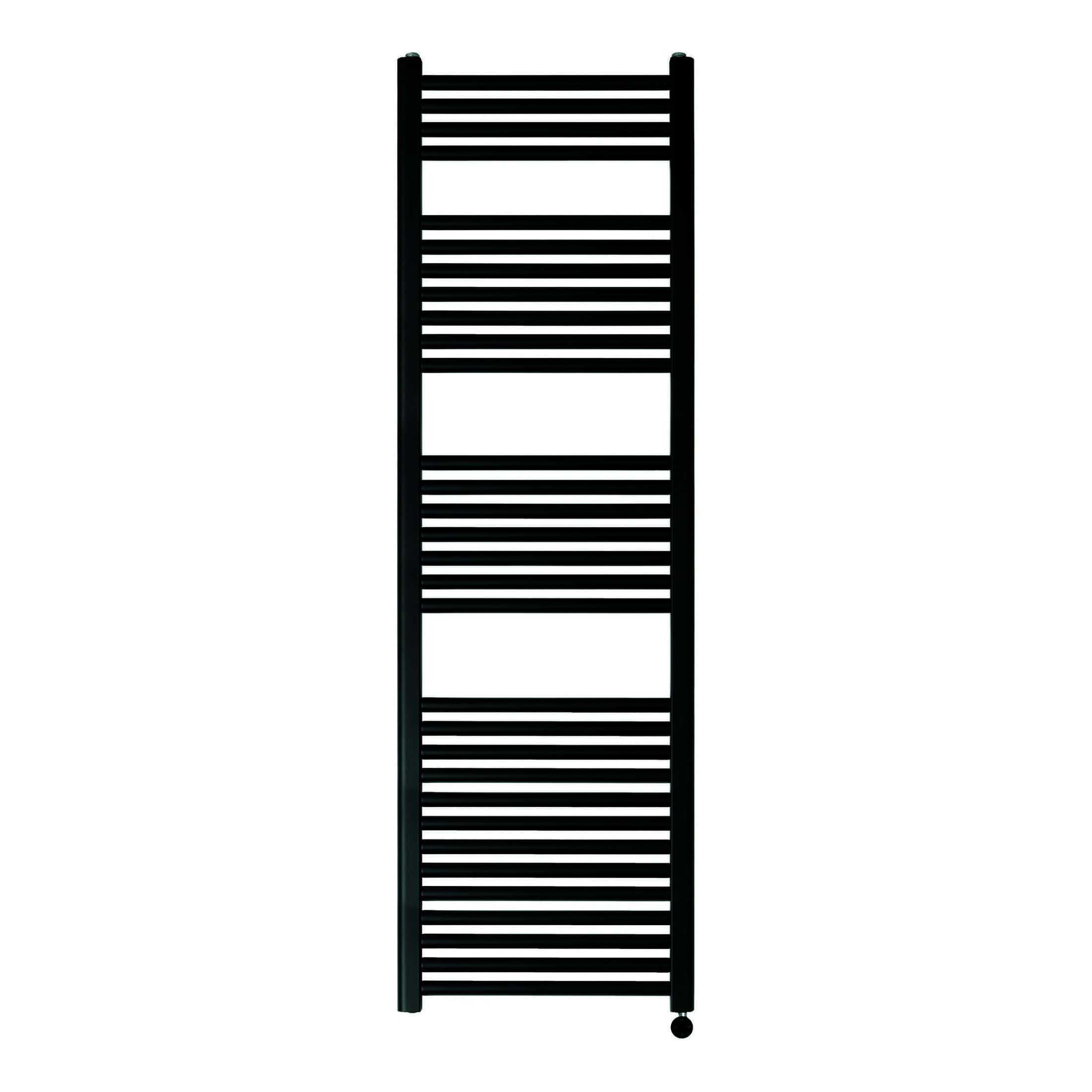 Black heated towel rail radiator for modern bathroom heating and drying towels, featuring horizontal bars and sleek design. Suitable for enhancing contemporary Bubly Bathrooms setups.