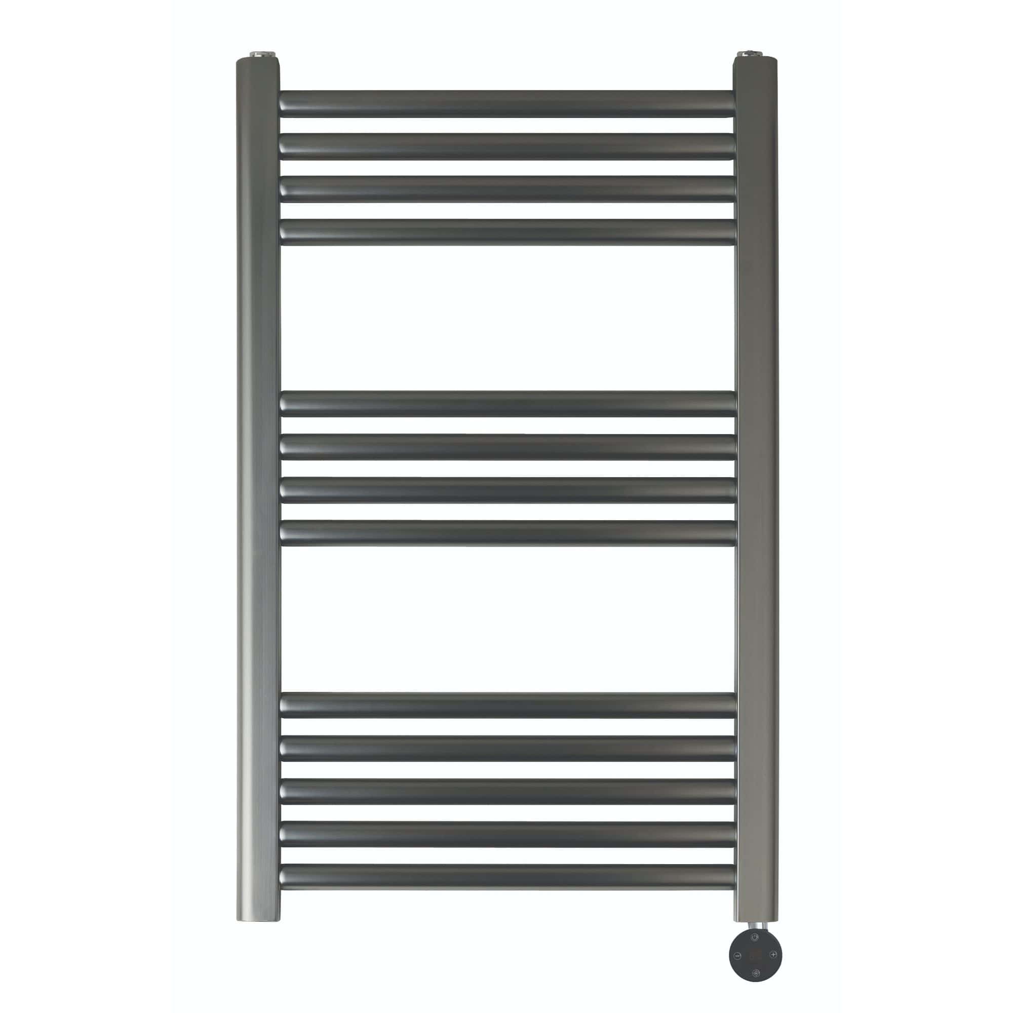 Compact stainless steel heated towel radiator for modern bathrooms and kitchens, providing efficient warmth and drying with sleek design and easy mobility on wheels.