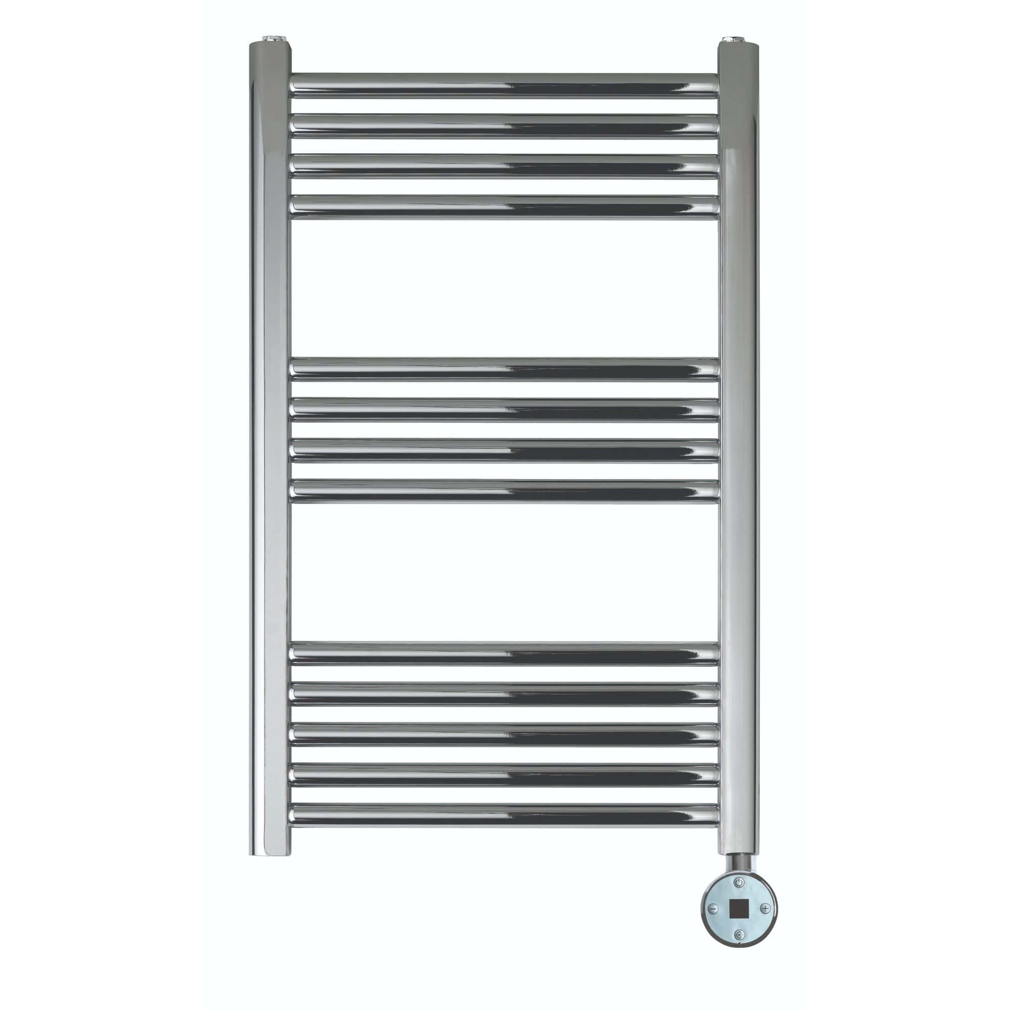 Polished chrome heated towel rail with digital thermostat for modern bathroom comfort and luxury.