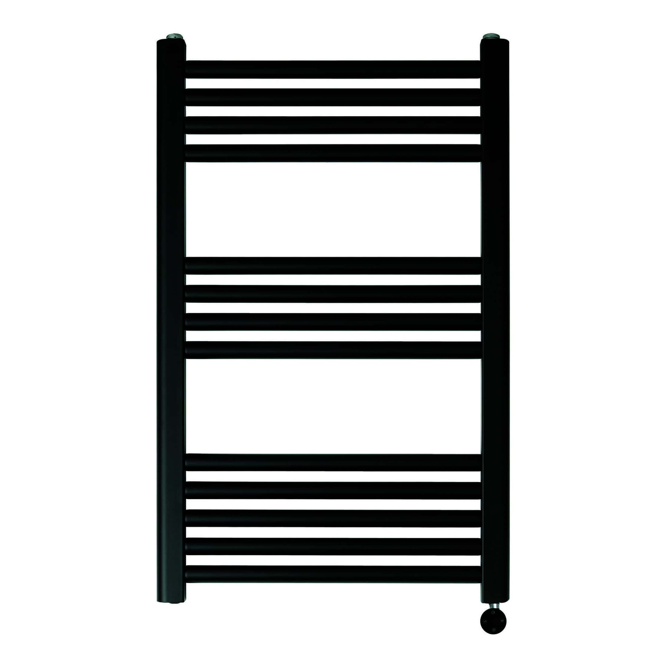 Black towel radiator for bathroom heating, modern radiator design, wall-mounted towel warmer, efficient bathroom heating solution, elegant black finish.