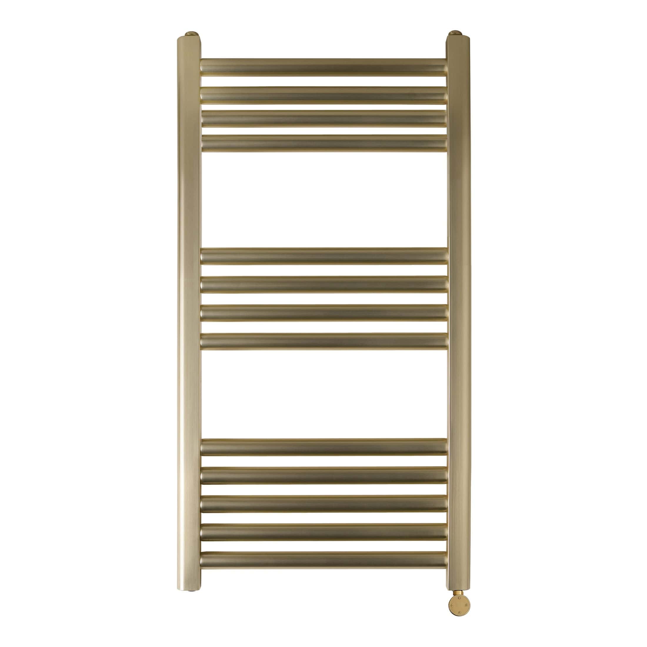 Elegant gold towel radiator, perfect for modern bathroom decor and efficient heating solutions. Stylish design by Bubly Bathrooms enhances comfort in any bathroom space.