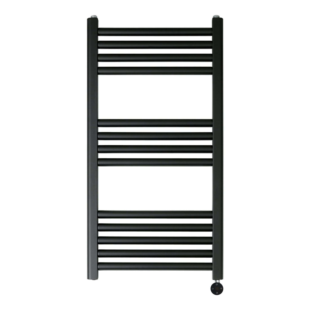 Sleek black towel radiator suitable for modern bathrooms, providing efficient heating and handy towel drying space. Perfect for contemporary bathroom design with premium quality finish.