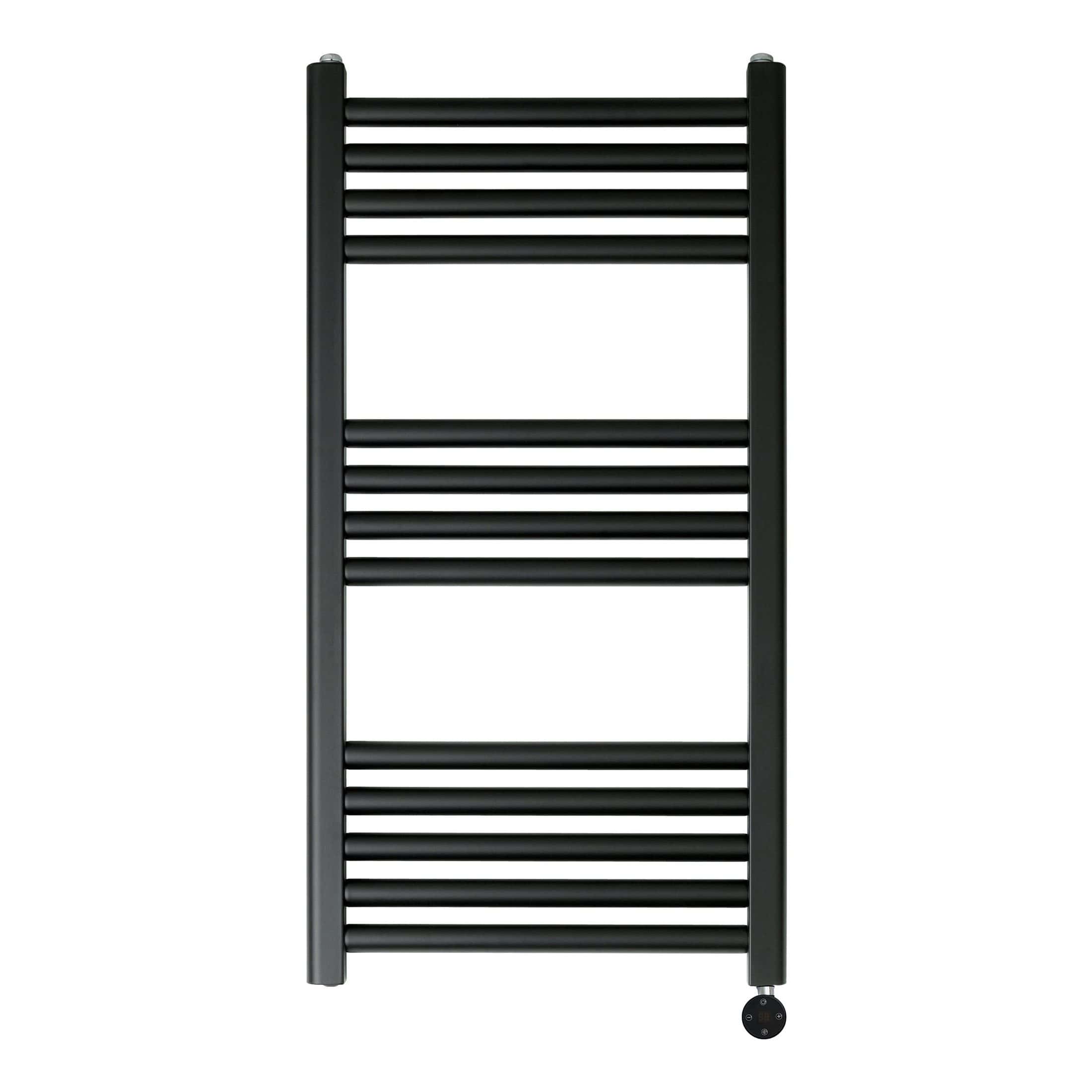 Sleek black towel radiator suitable for modern bathrooms, providing efficient heating and handy towel drying space. Perfect for contemporary bathroom design with premium quality finish.