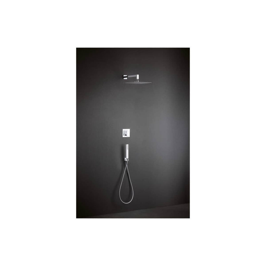 Sleek modern shower system with wall-mounted rain shower head, handheld shower wand, and digital controls, perfect for luxury bathroom renovations or contemporary shower spaces.