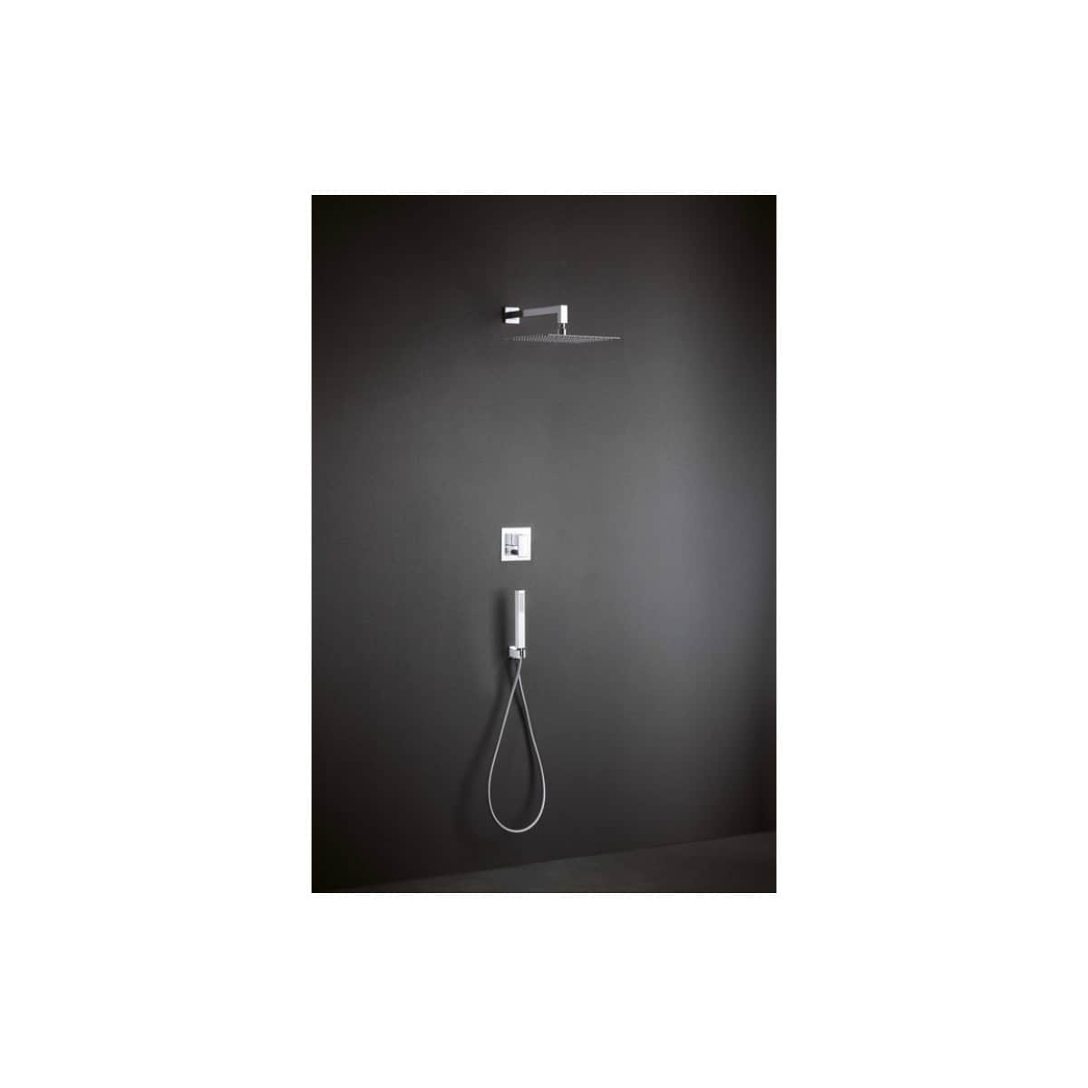 Sleek modern shower system with wall-mounted rain shower head, handheld shower wand, and digital controls, perfect for luxury bathroom renovations or contemporary shower spaces.