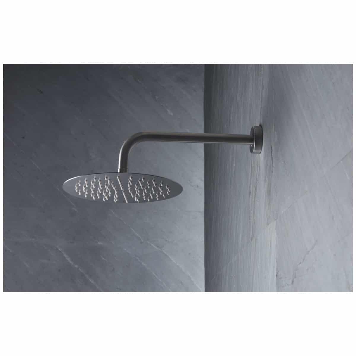 Sleek stainless steel walk-in shower head with modern design, ideal for luxurious bathroom remodels, featuring a rainfall shower experience for relaxation.