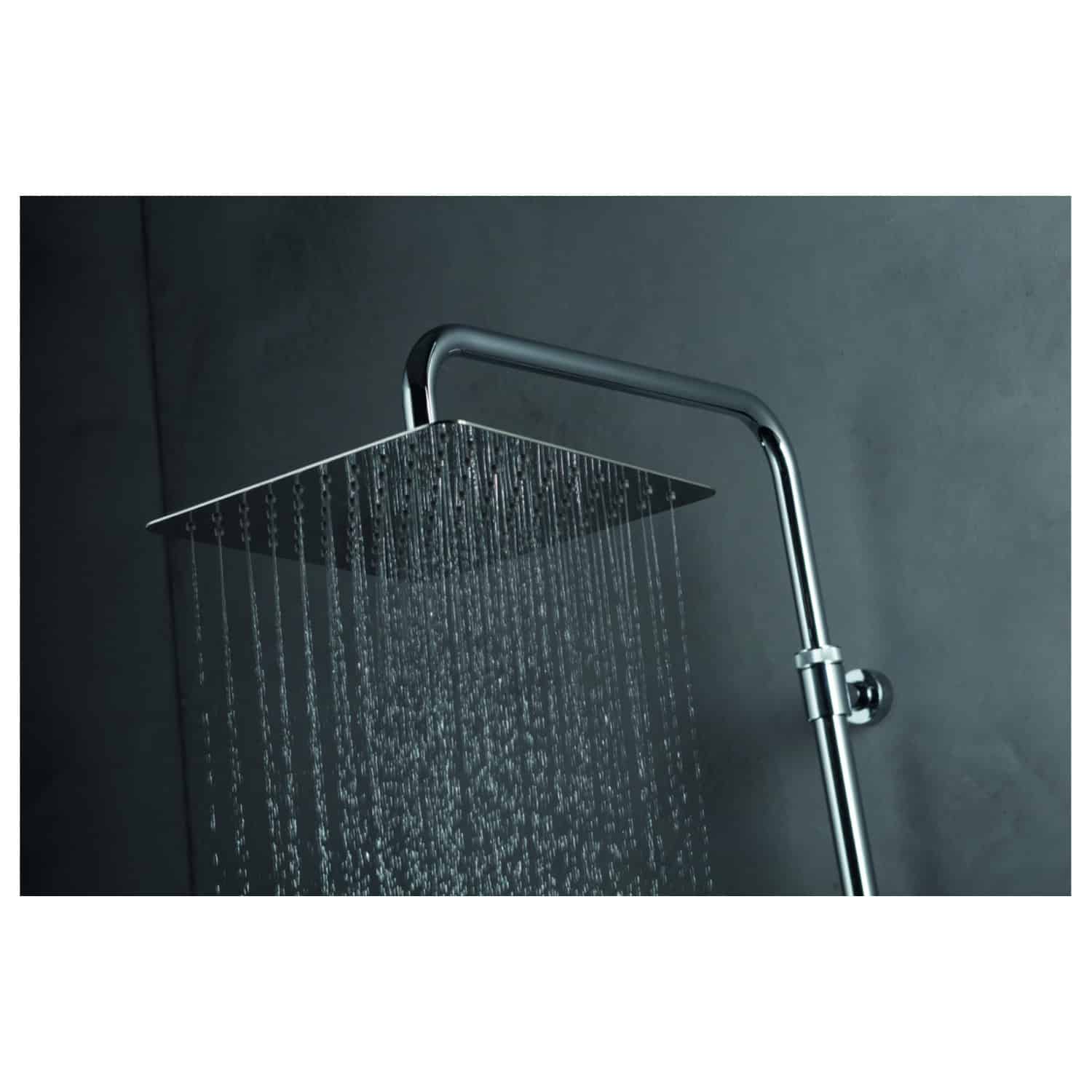 Showerhead with rainfall spray in a modern bathroom setting, featuring sleek chrome fixtures, designed for luxurious and comfortable shower experiences.