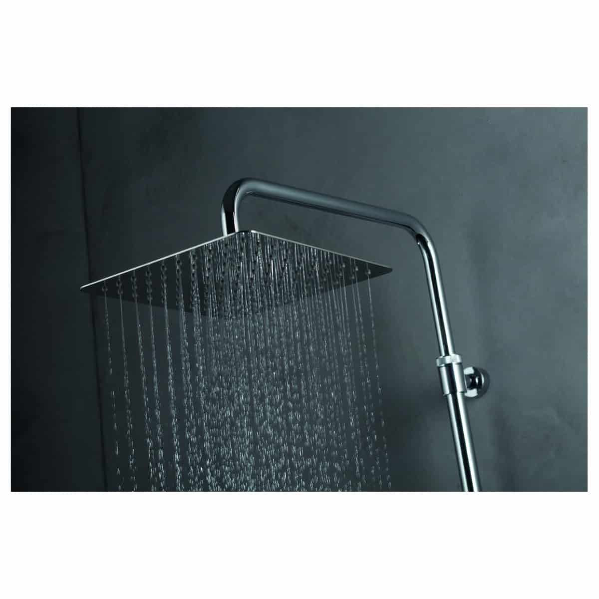 Sleek modern chrome shower rain head with adjustable wall mount for luxurious bathroom experience.