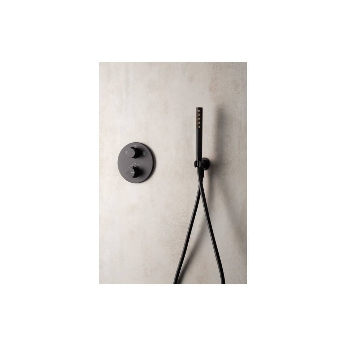 Sleek black modern shower panel system with control knobs and handheld shower head, designed for contemporary bathrooms. Perfect for stylish bathroom upgrades and high-quality showering experiences.