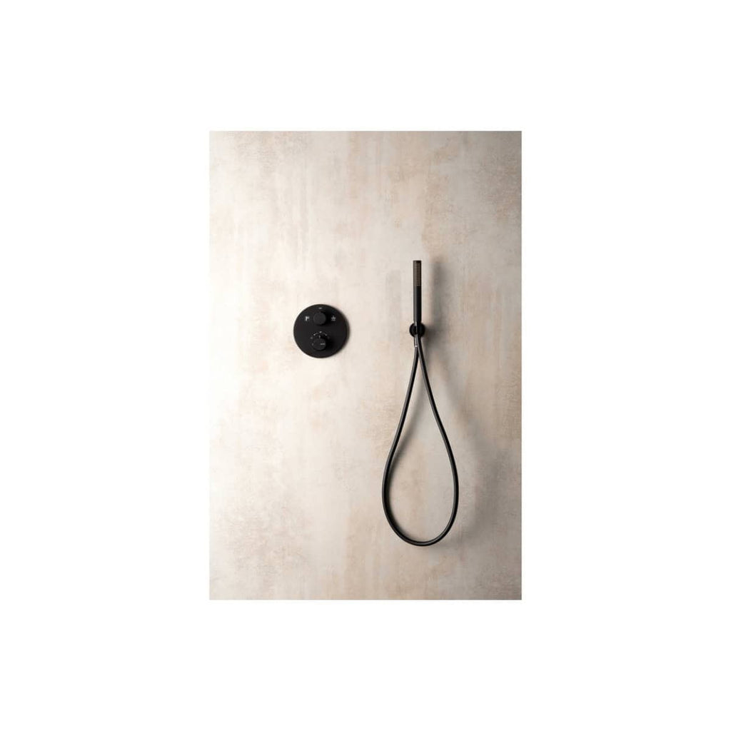 Sleek black modern bathroom shower set with a wall-mounted control knob and handheld showerhead, ideal for contemporary bathroom design, durability, and ease of use.