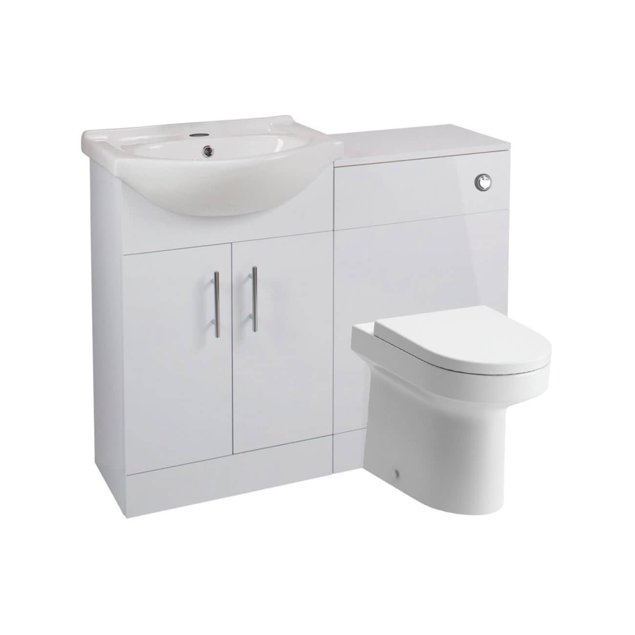 Modern white bathroom vanity with integrated sink and toilet for contemporary bathroom design. Perfect space-saving solution with sleek storage options.