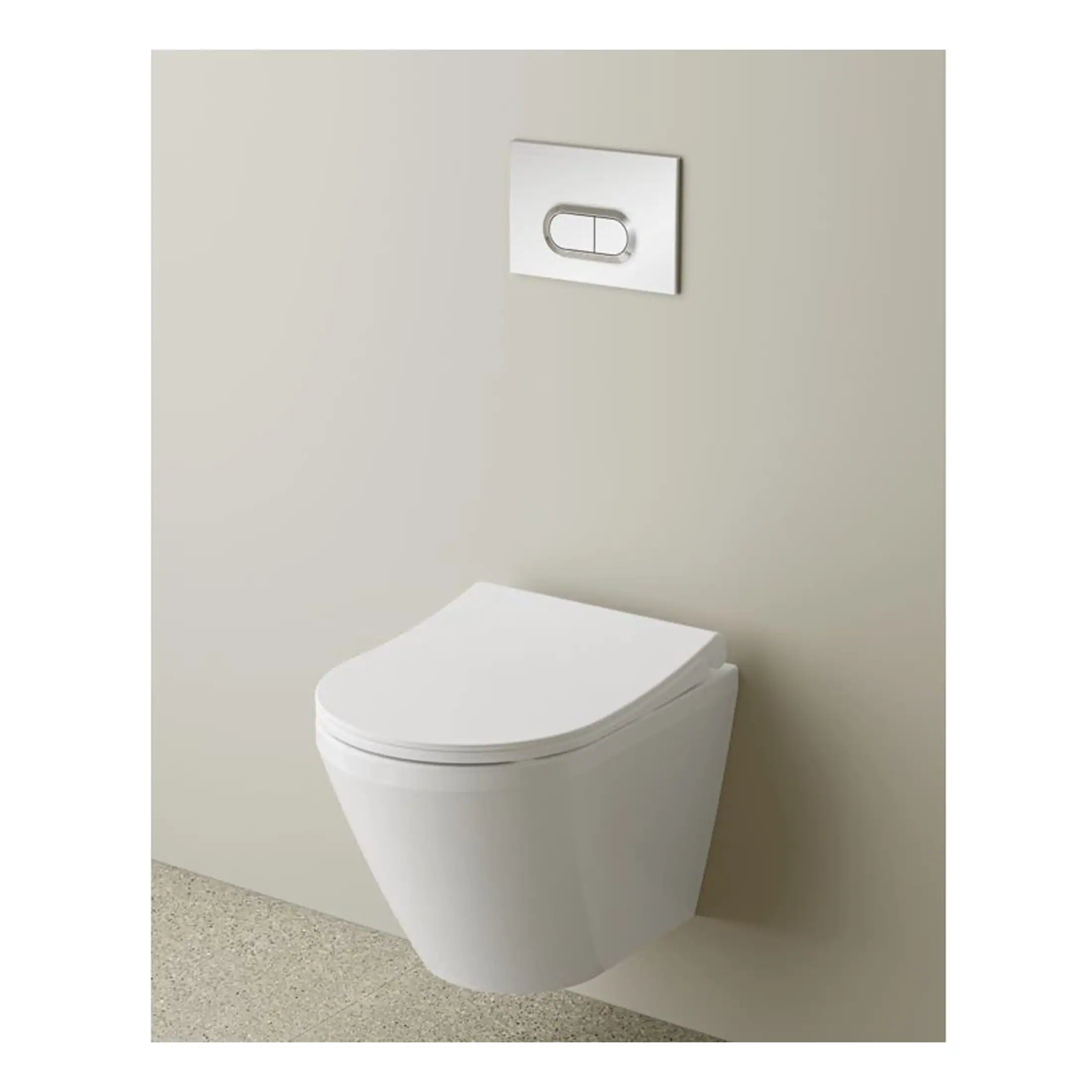 Sleek modern wall-mounted toilet with a concealed cistern in a contemporary bathroom setting. Perfect for stylish and space-saving bathroom designs.