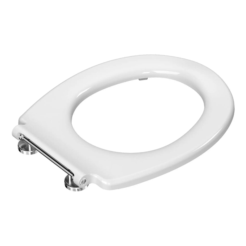 Modern white toilet seat with adjustable hinges, designed for comfort and hygienic bathroom use. Suitable for a contemporary bathroom renovation or upgrade.