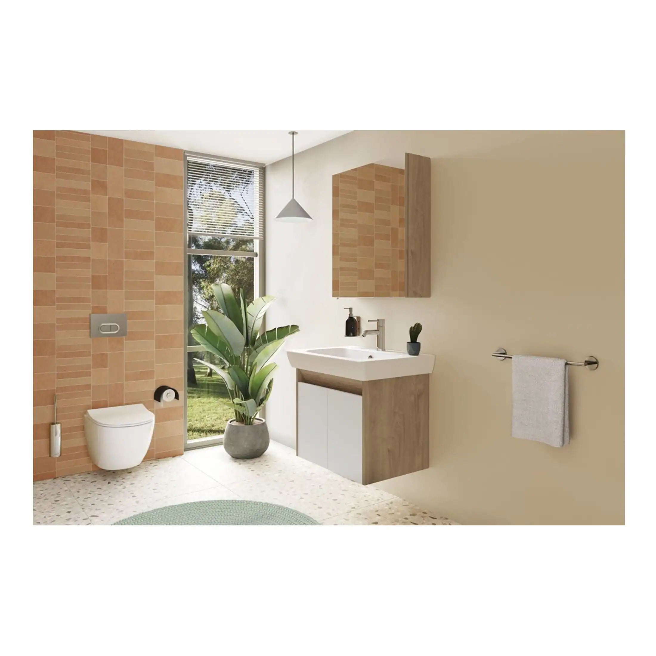 Modern bathroom with contemporary fixtures, large window, greenery, wooden accents, neutral tones, floating vanity, wall-mounted toilet, and towel rail, creating a stylish and functional space.