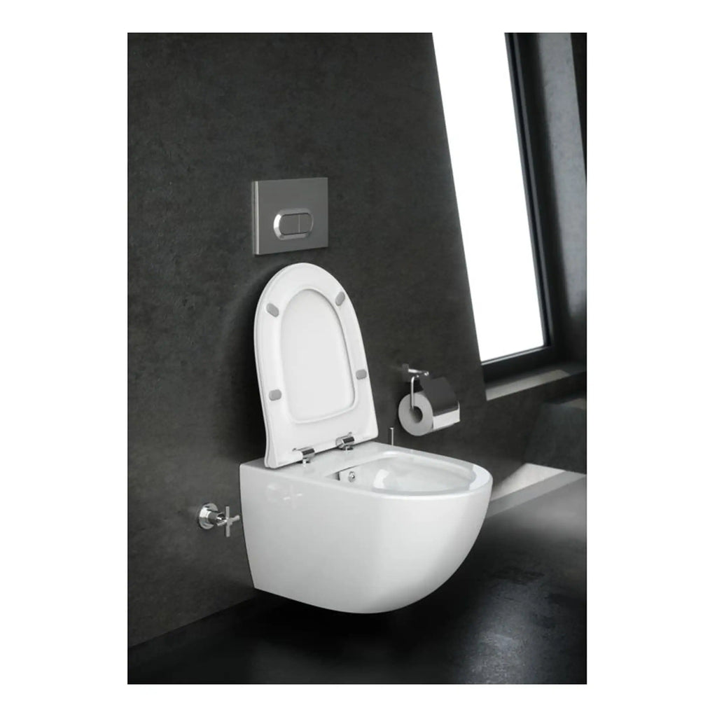 Sleek modern wall-hung toilet with smart flush system in contemporary bathroom setting. Features clean, minimalist design with chrome toilet paper holder and black wall-mounted flush plate. Bright natural light from large window enhances bathroom aesthetics.