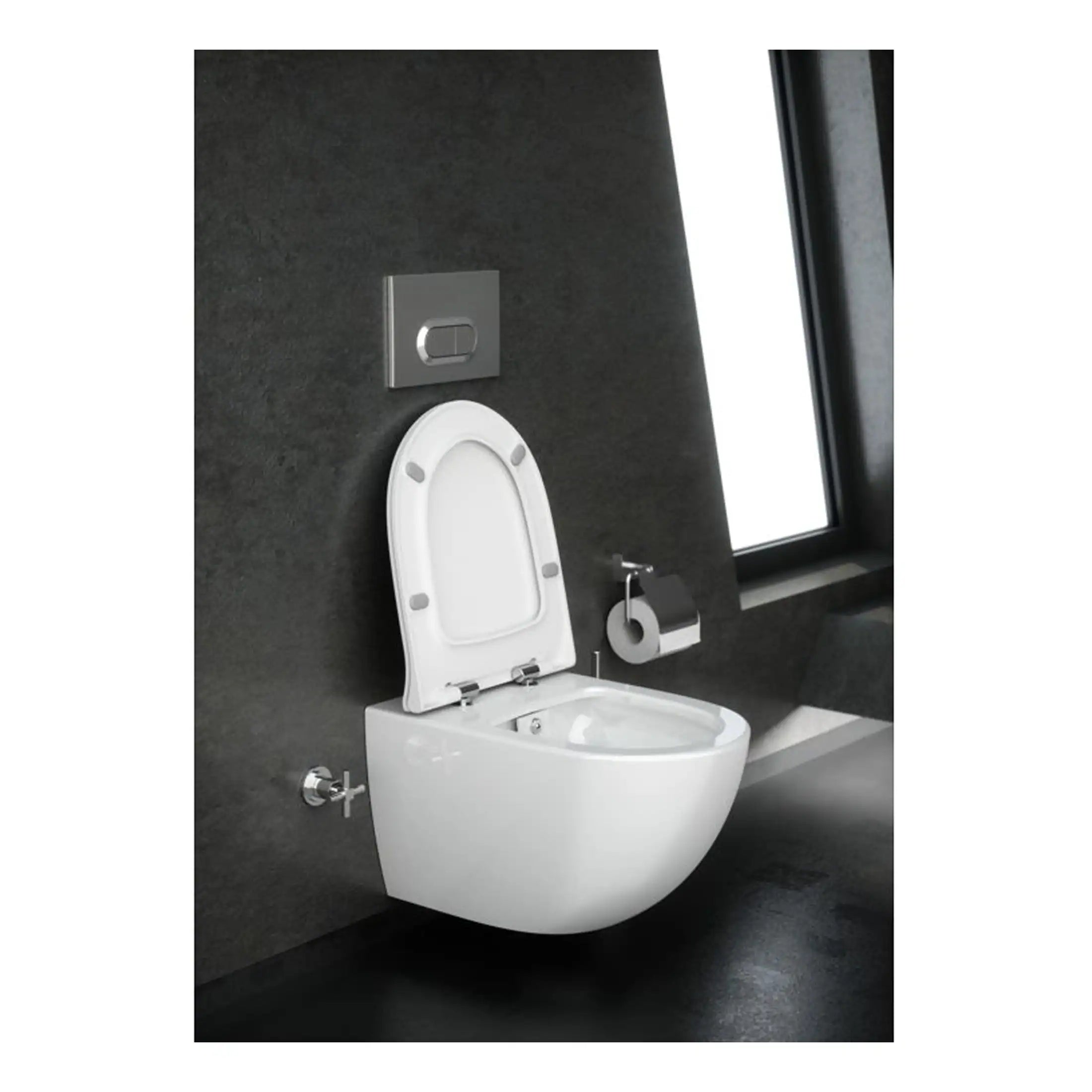 Sleek modern wall-hung toilet with smart flush system in contemporary bathroom setting. Features clean, minimalist design with chrome toilet paper holder and black wall-mounted flush plate. Bright natural light from large window enhances bathroom aesthetics.