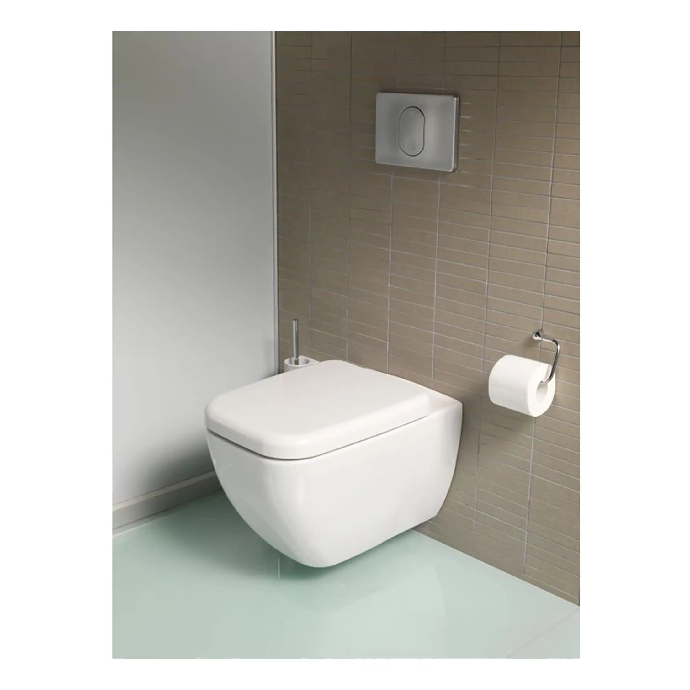 Sleek wall-mounted white toilet with concealed cistern and modern flush plate in a contemporary bathroom setting. Perfect for minimalist bathroom designs and space-saving solutions.